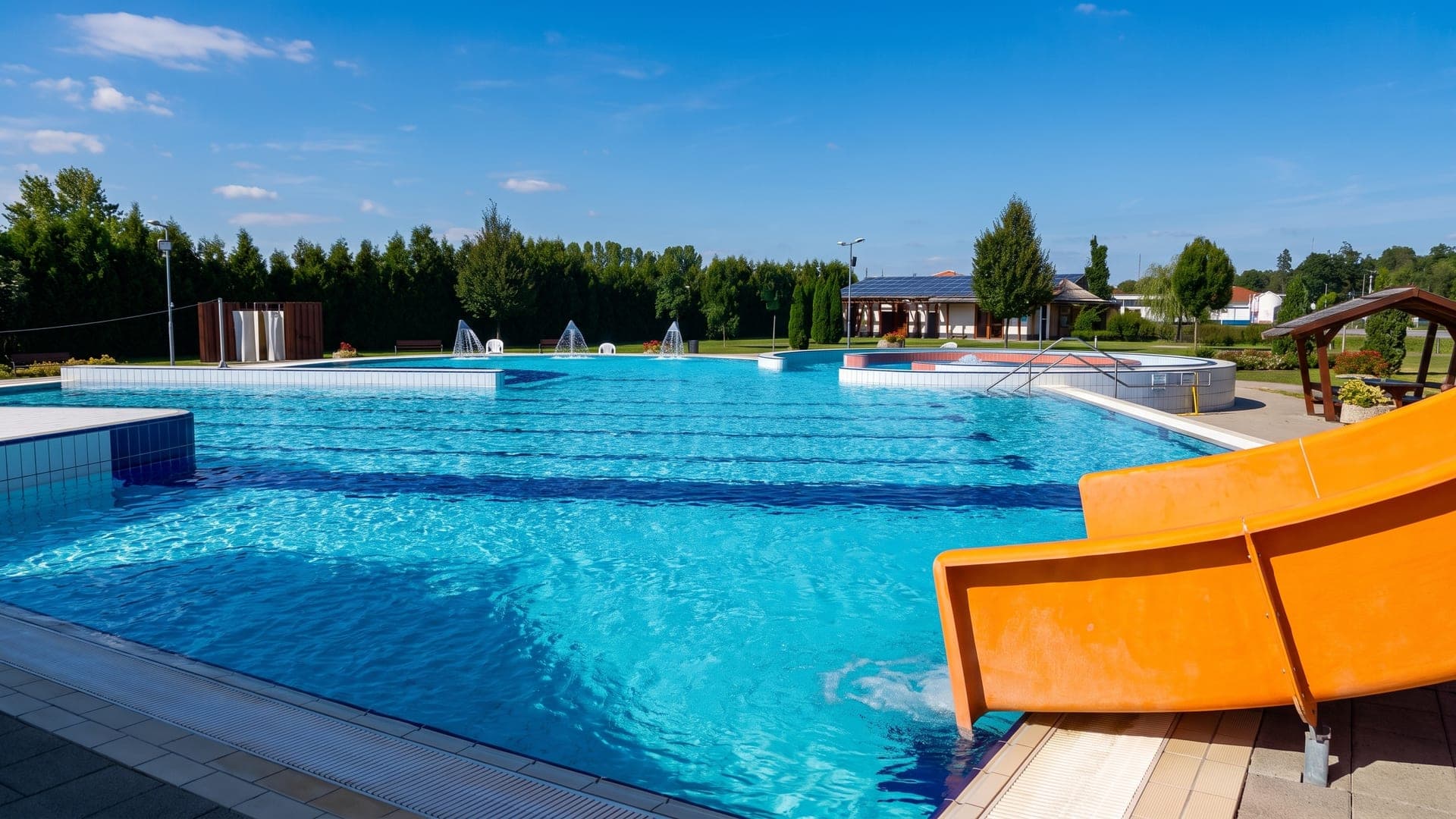 The outdoor pool at the thermal bath in Bonyhad, with the orange run-out of a waterslide at the water's edge.
