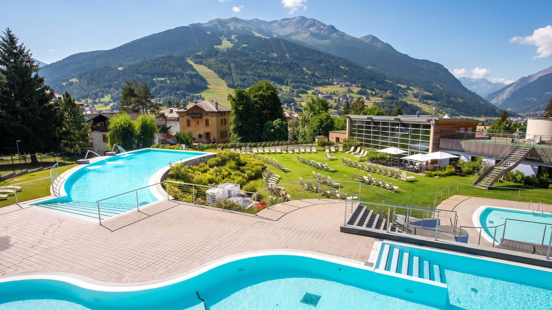 The outdoor pools at Bormio Terme in summer, their terraces set on the slope above the valley and the surrounding peaks.