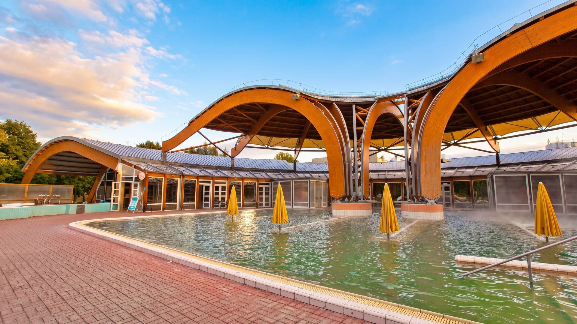 The sculptural timber canopies over the outdoor pool at the thermal bath in Buk, lit by low evening sun.