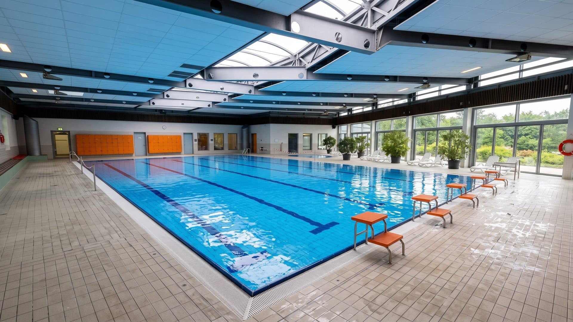 The indoor lane pool of CabrioSol in Pegnitz with a retractable glass roof and orange starting blocks