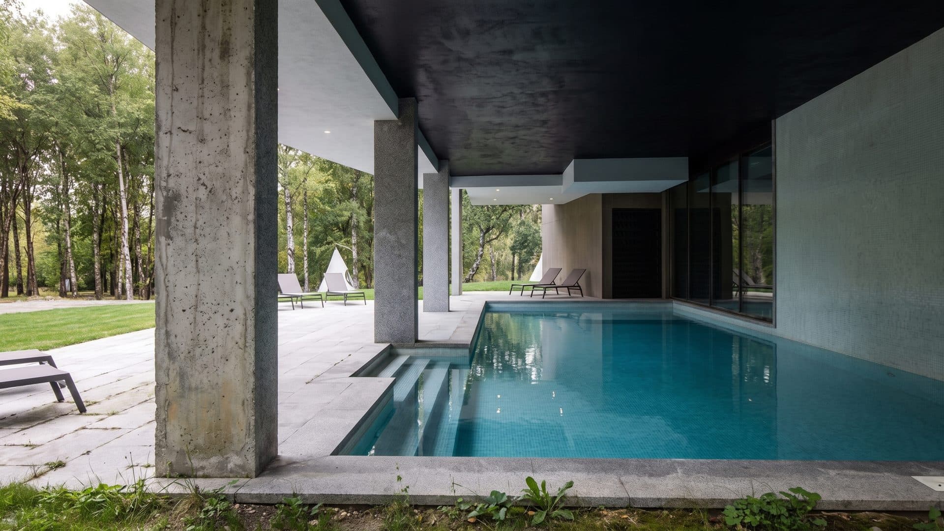 The rectangular thermal pool at Caldas de Sao Paulo running along an open concrete colonnade, with woodland beyond