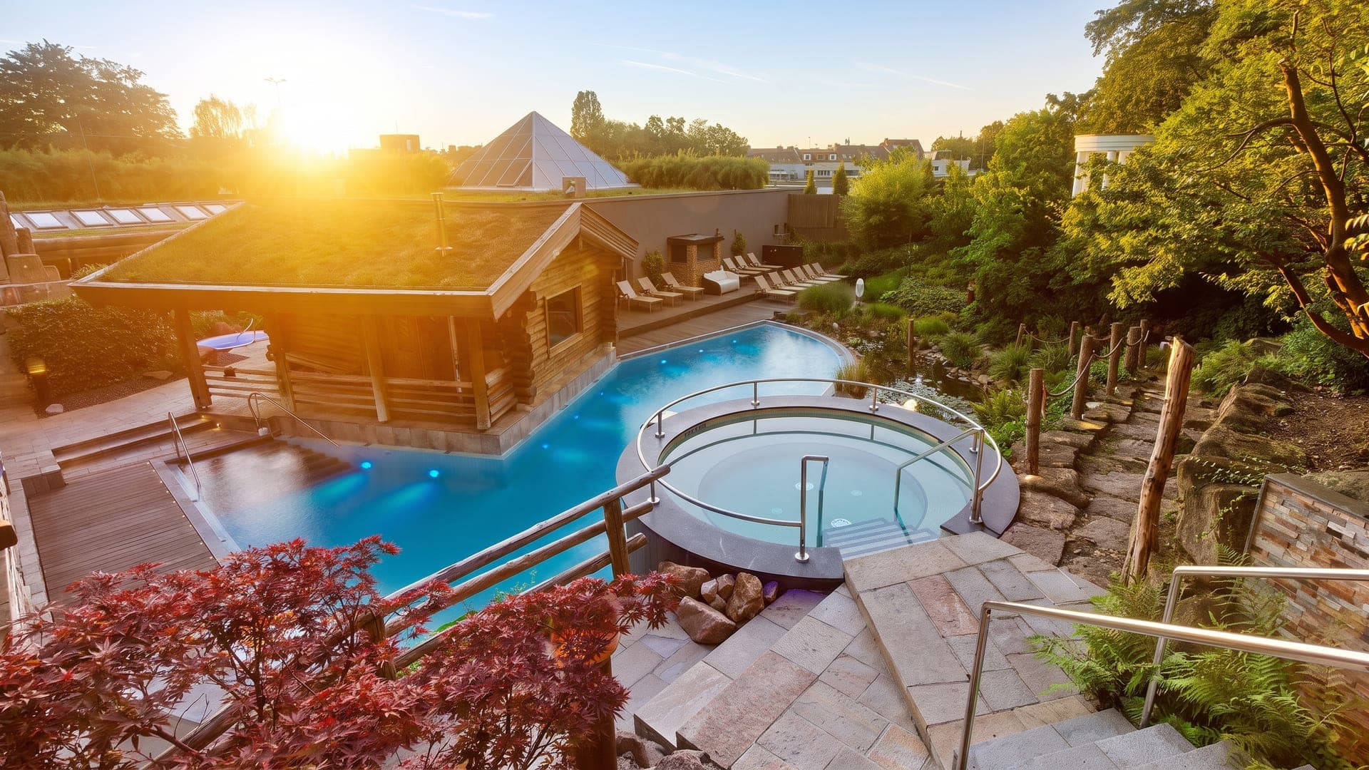 Outdoor pool and round whirlpool beside a log building at sunrise, framed by autumn foliage