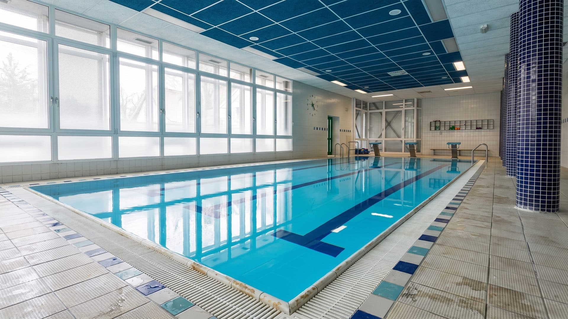 The swimming hall at the Bohunovice health centre, its marked lanes receding towards a wall of high windows