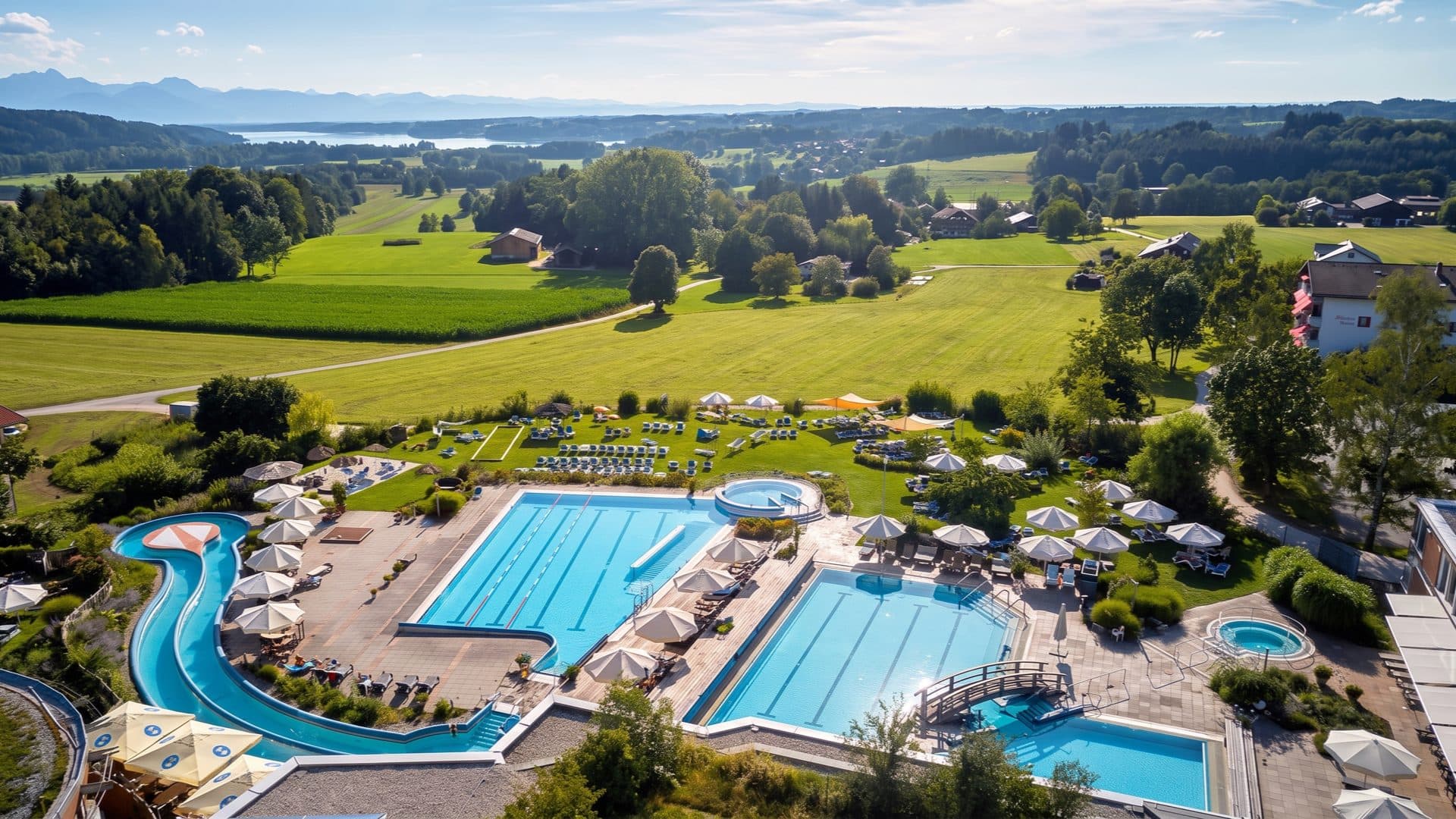 Aerial view of the outdoor pools — a lap pool, whirlpool and winding slide channel — set in green Bavarian farmland with a lake and the Alps on the horizon.
