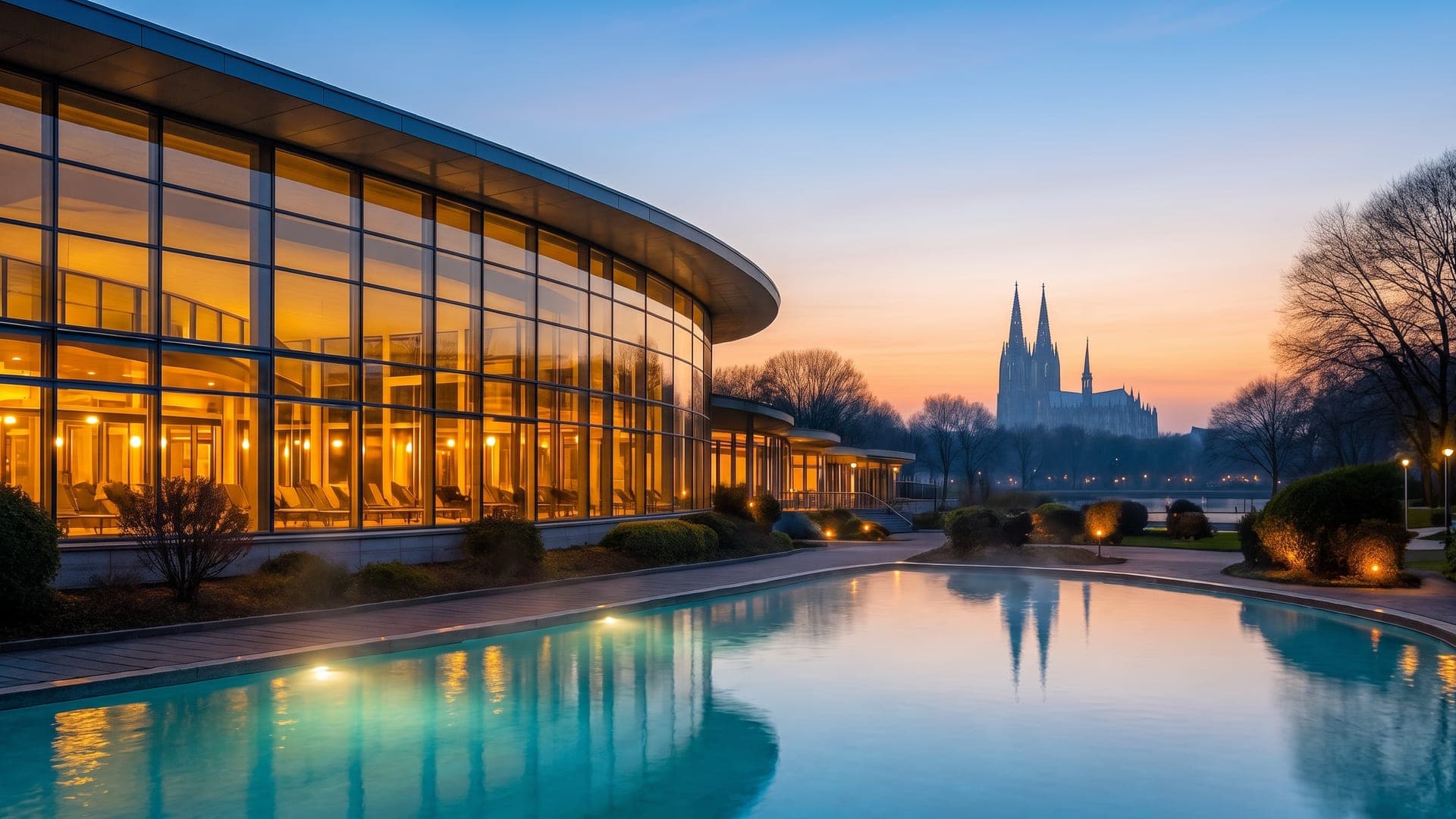 The outdoor pool at the Claudius Therme in Cologne at dusk, the lit curved glass hall on one side and the cathedral spires on the horizon.