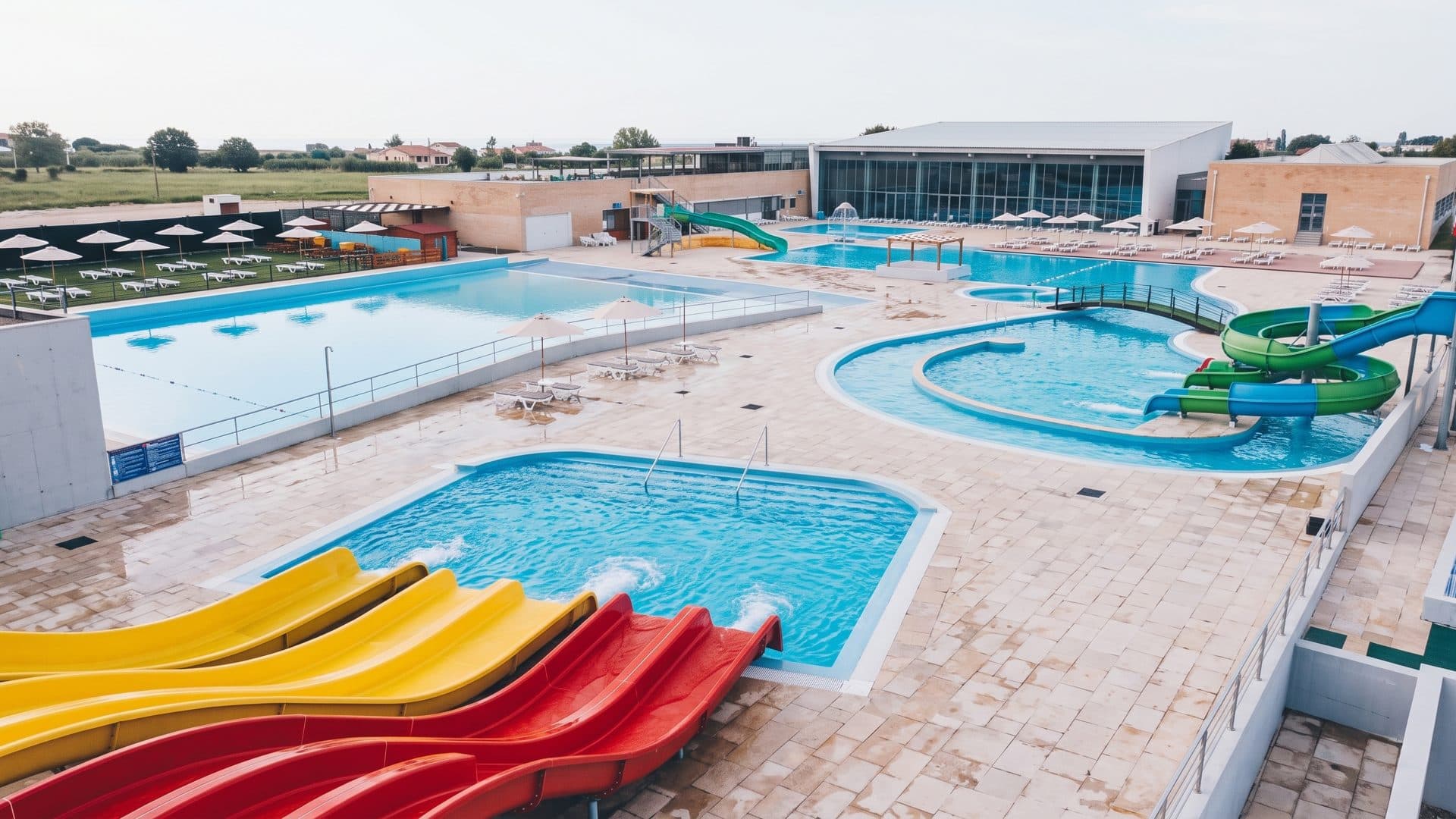 Outdoor pools of the aquatic complex with red and yellow slides, seen from the side.