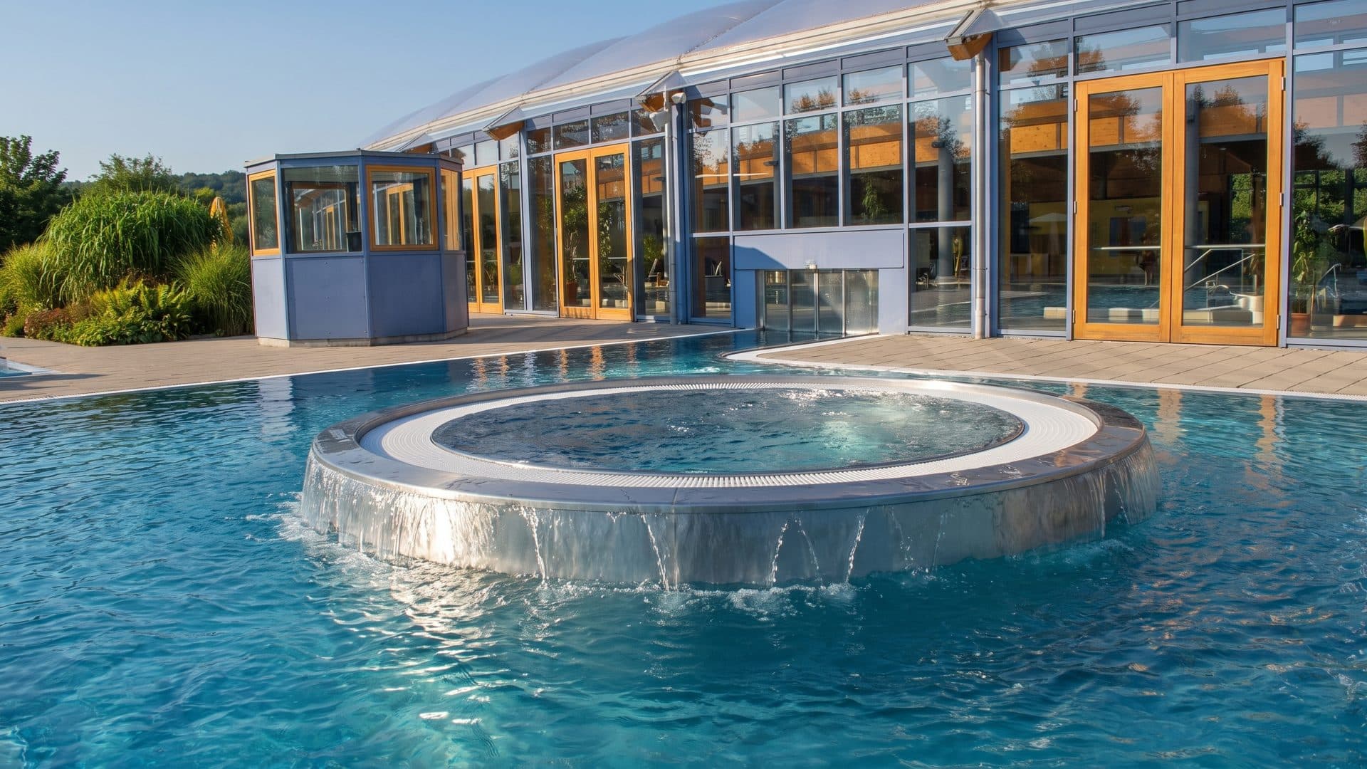 The raised whirlpool basin of the Copa Ca Backum overflowing into the pool beside its glazed wall