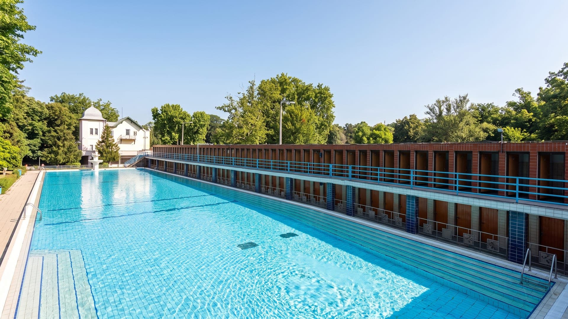 Long outdoor swimming pool with a timber terrace and a white villa behind