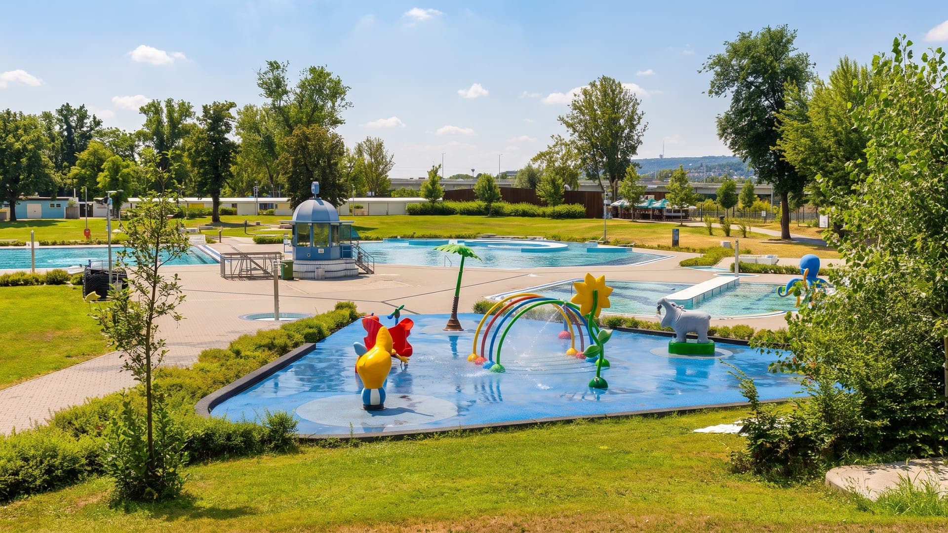 Outdoor pool complex with a children's splash area and open lawns