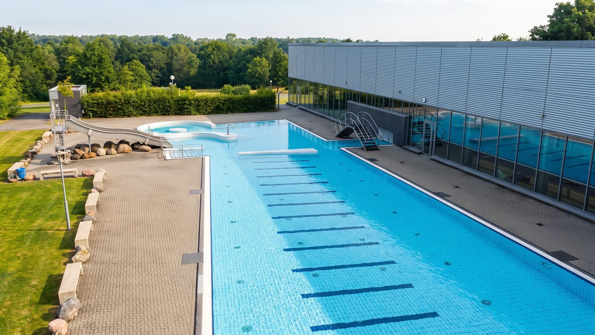 The outdoor swimming pool at the Dithmarscher Wasserwelt in Heide, alongside the long low bath house with a slide at one end.