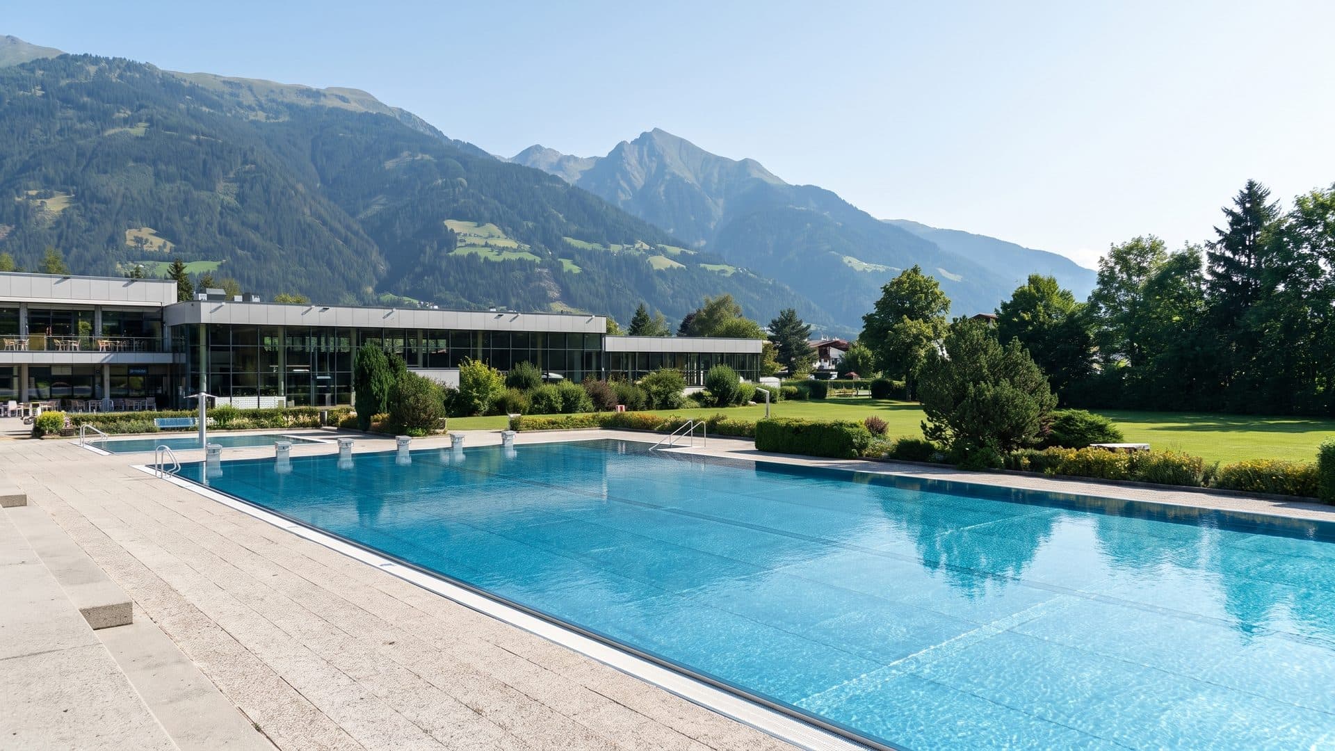 The outdoor pools of the Dolomitenbad in Lienz with the bath building and the mountains behind