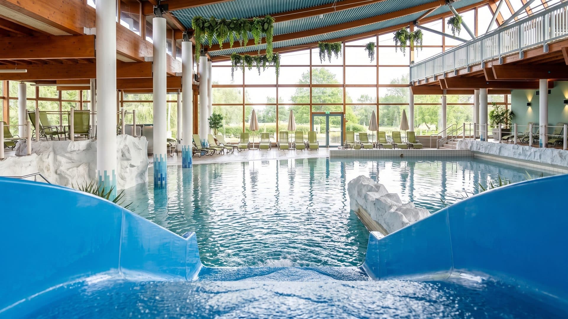 The pool hall at the Donautherme, the blue flume entering the water under a timber ceiling