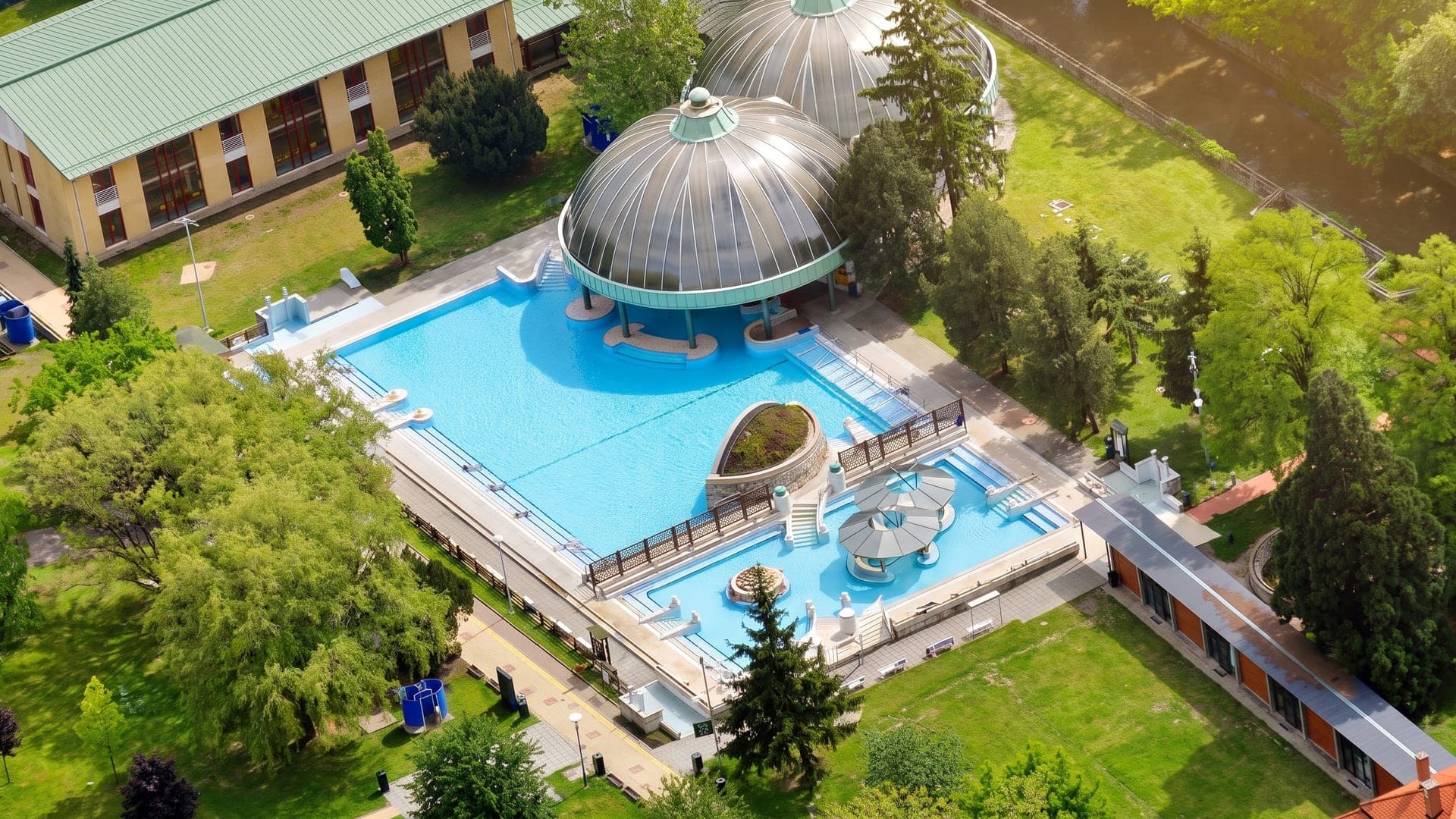 Aerial view of the domed pool building and outdoor pools in parkland