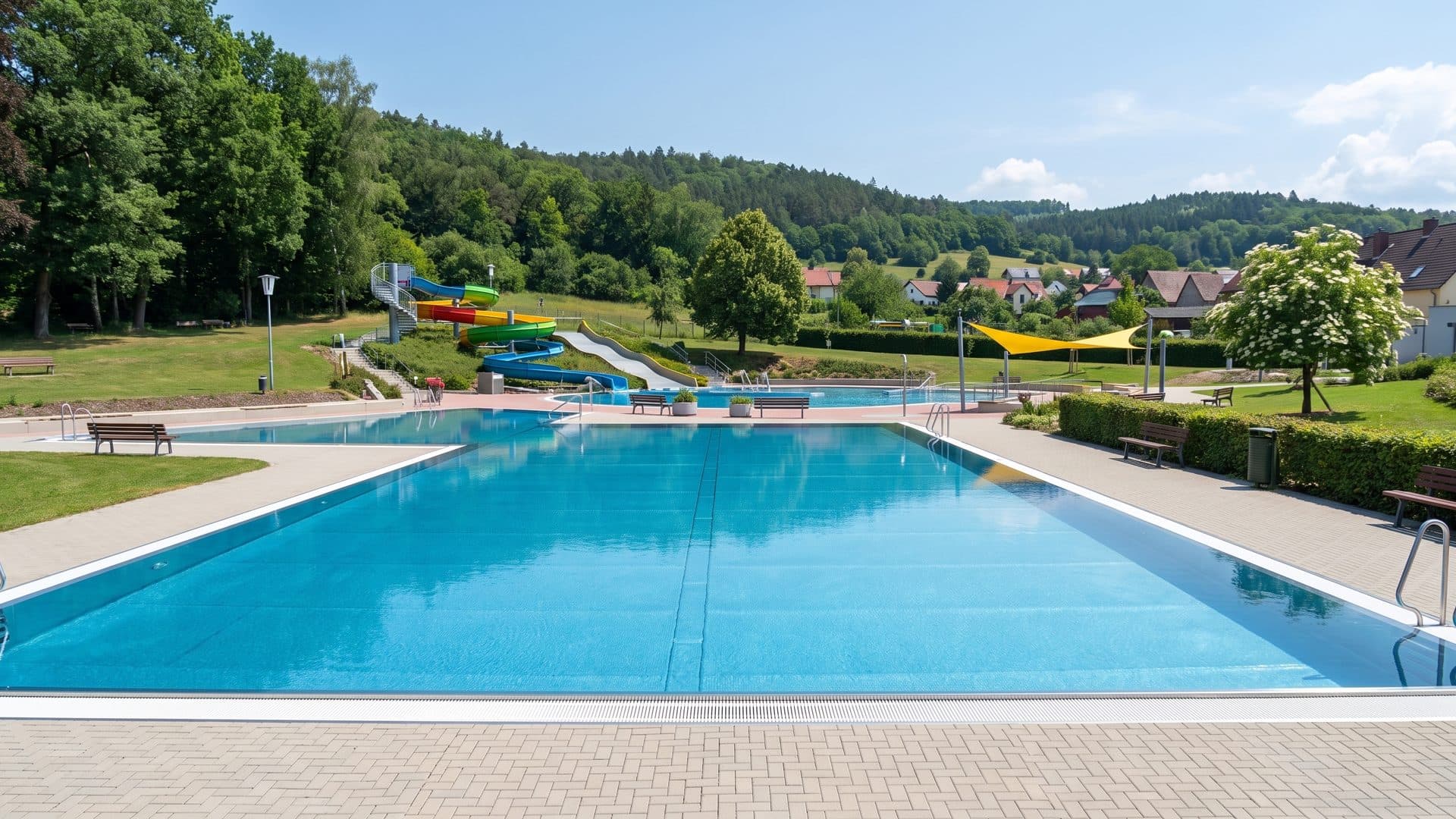 The outdoor pool of the Cunewalde baths below its coloured slides on the green slope