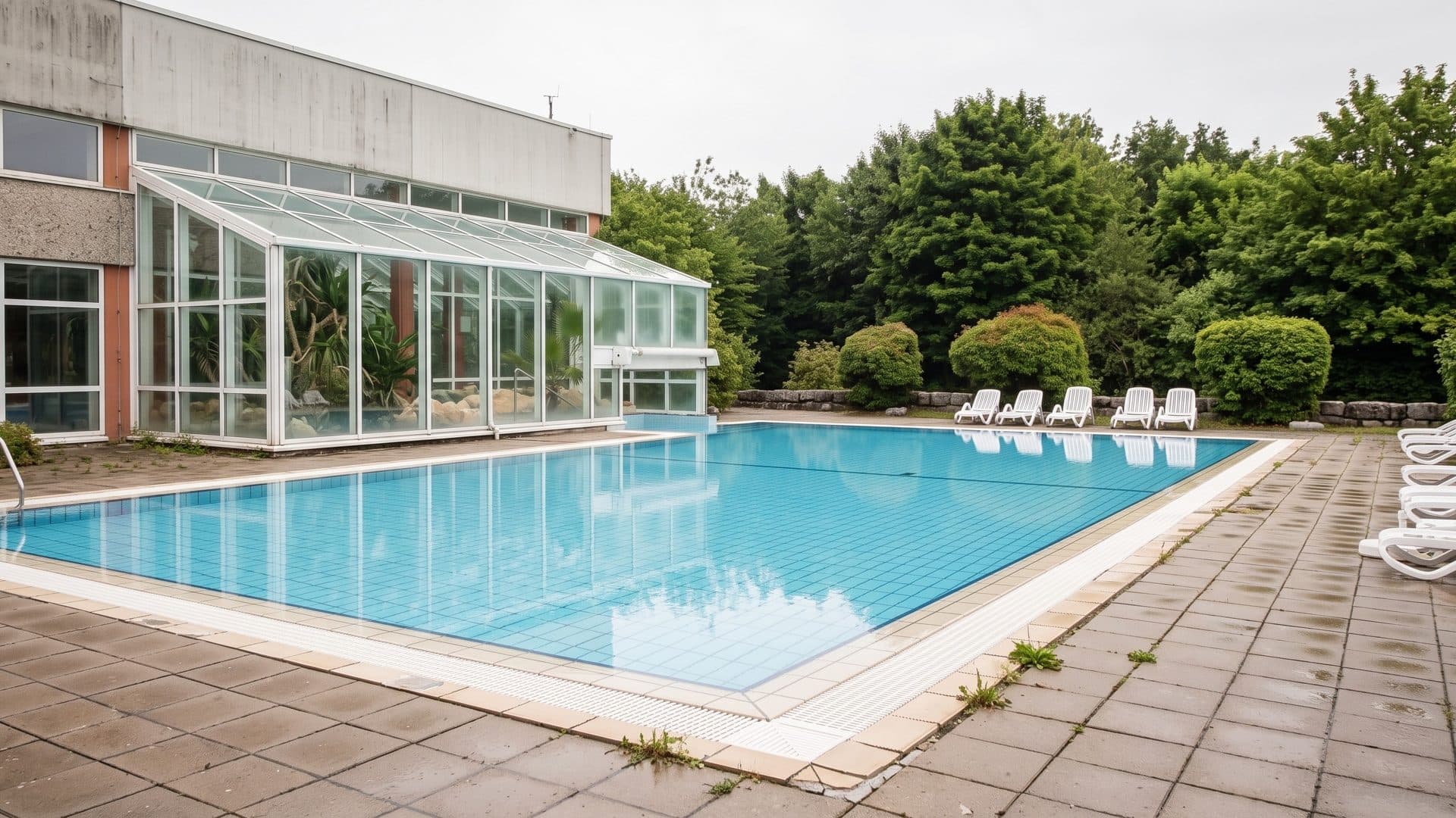 The outdoor pool of the Erlebnisbad Schaumberg beside a glass conservatory and trees
