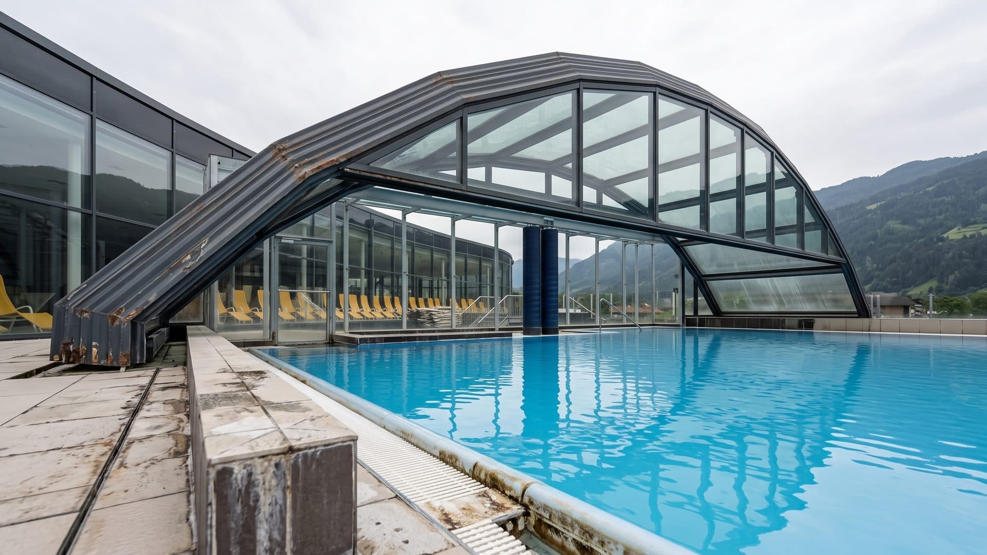 Outdoor pool under the arched glass canopy of the baths, with mountains behind.