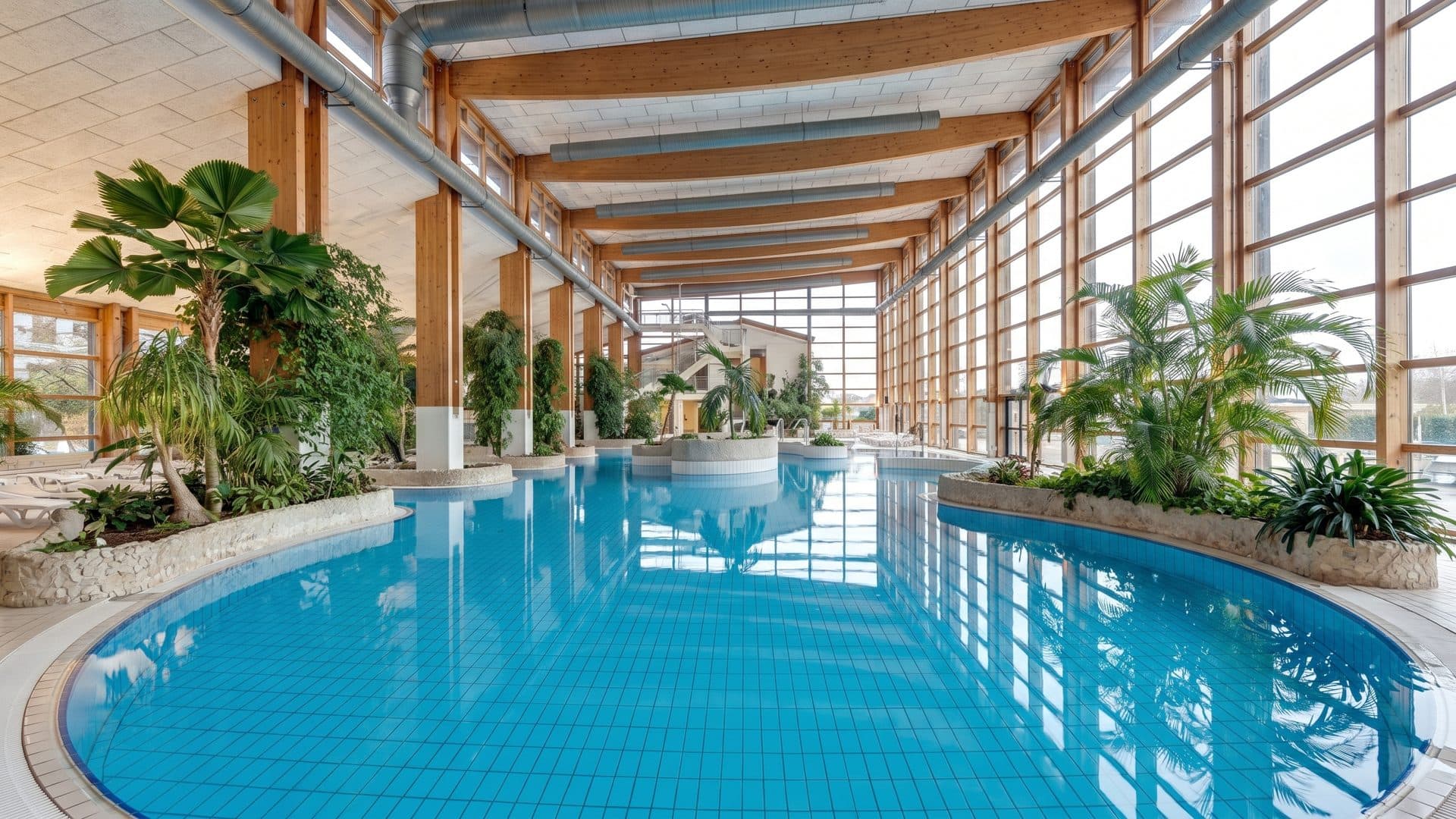 The thermal pool of the SPLASH world among its palms under the curved timber roof