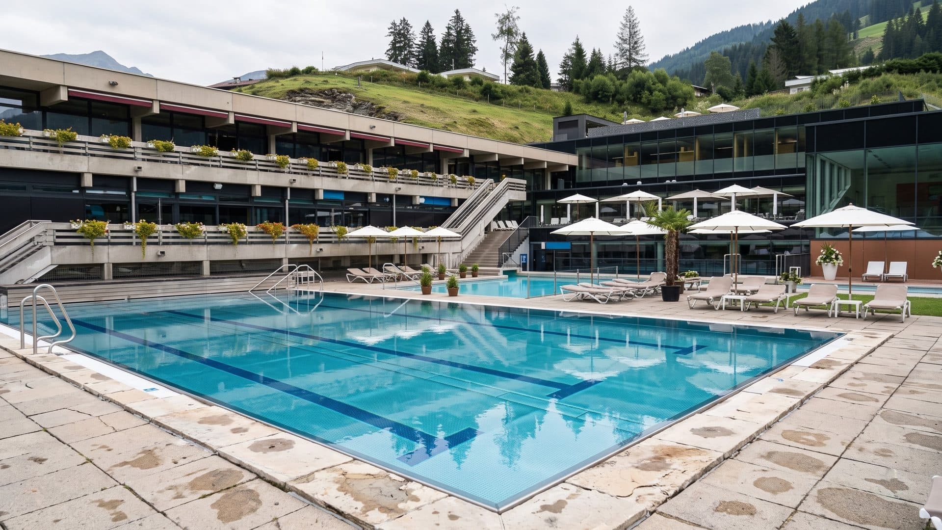 The outdoor pool of the Felsentherme on its terrace below the mountain slope, with parasols along the deck