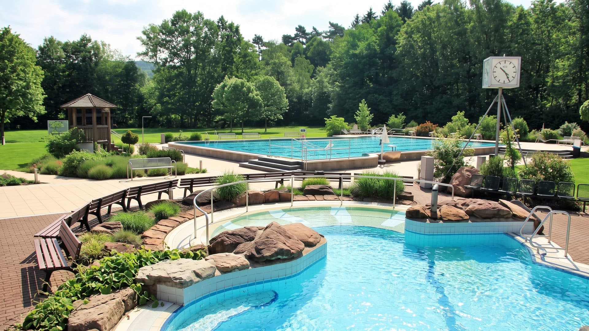 Open-air swimming pool with a rock-edged leisure basin in front and the forest behind.
