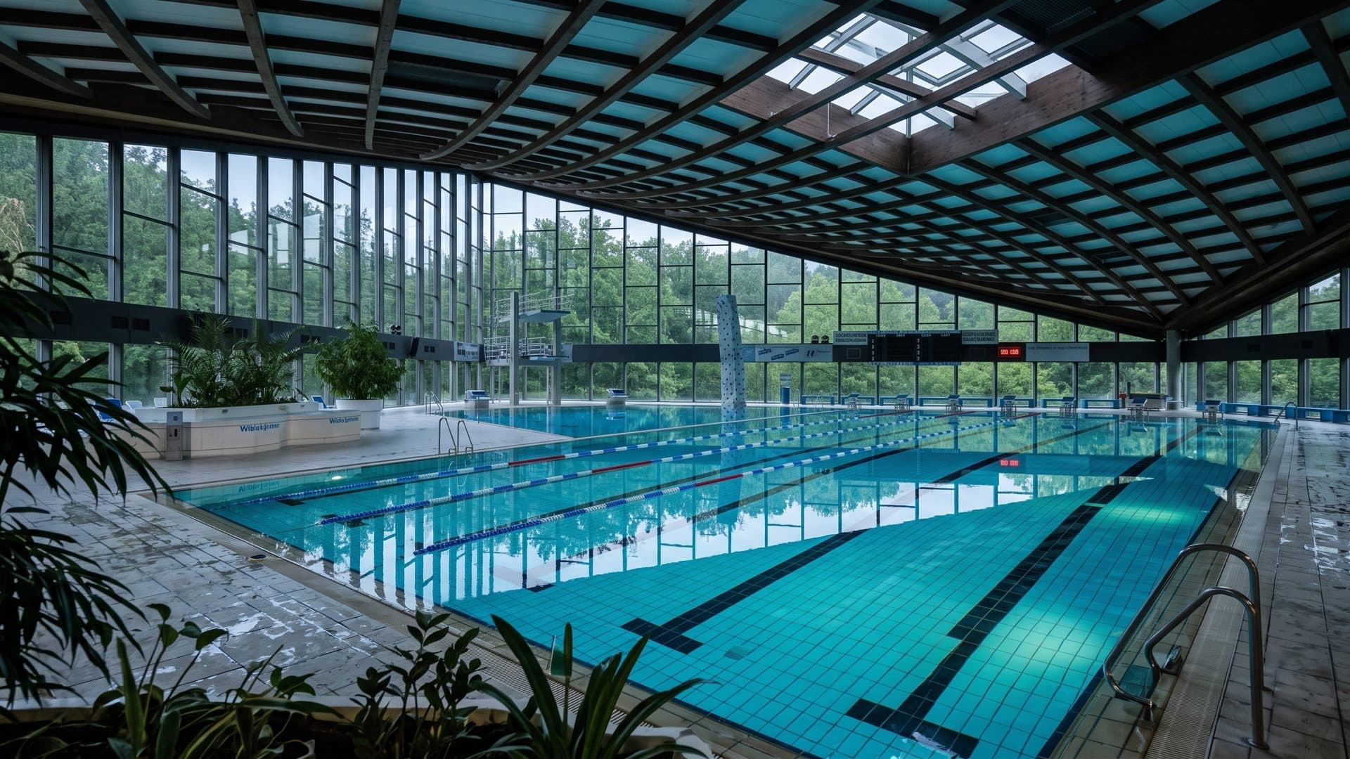 The lane pool of Fildorado under a glass-roofed hall with tall windows onto trees