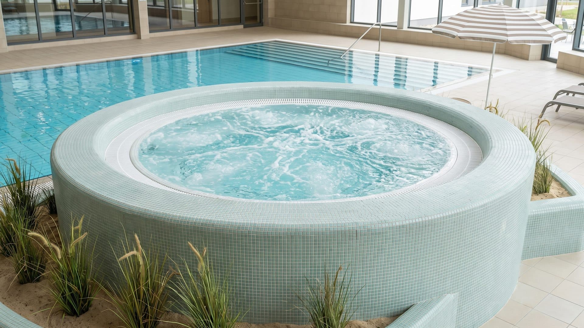 The round mosaic whirlpool of the Fördelandtherme in front of its indoor pool