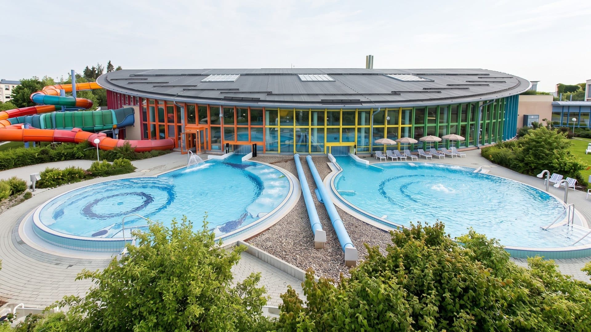 Two round outdoor pools of the Aqua Marien in Marienberg joined by a pair of blue tube slides, the colourful glass hall and red slides behind