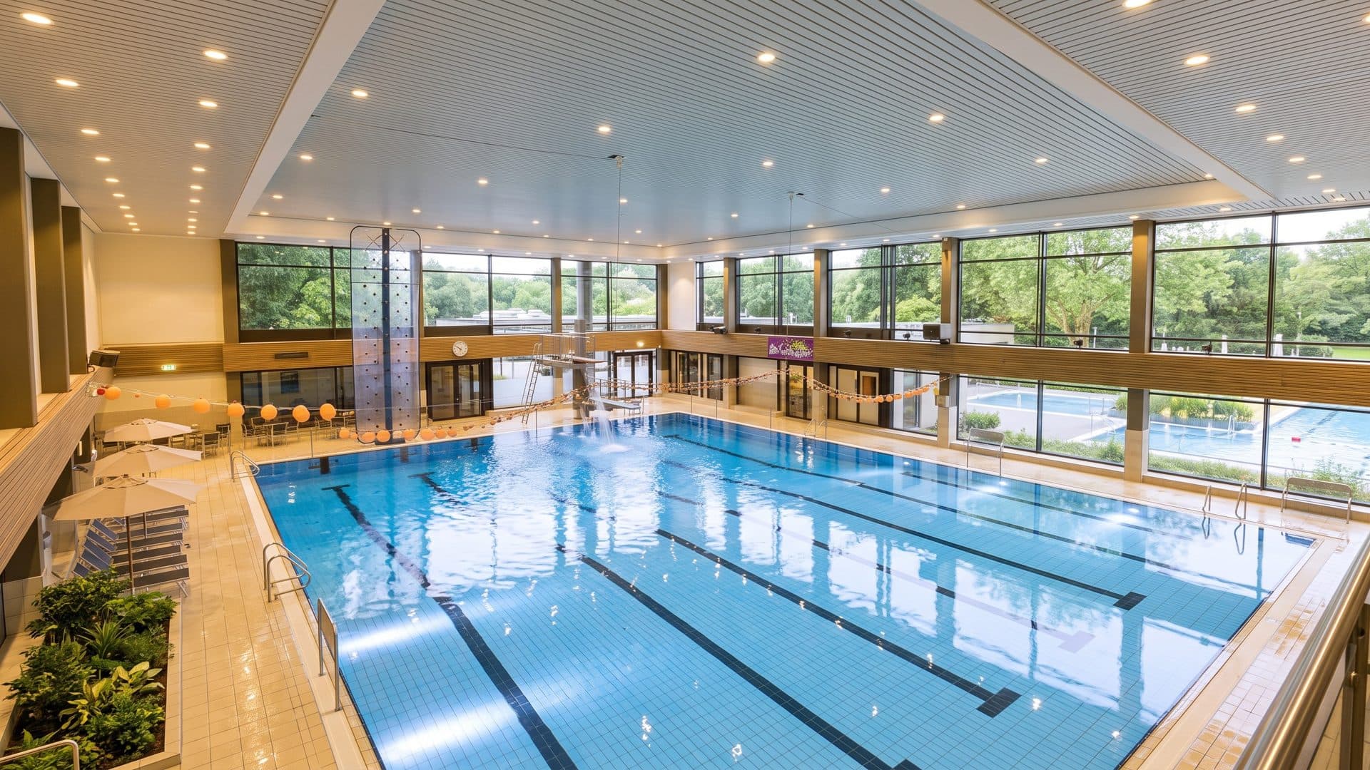 The lane pool of the Bondenwald baths in Hamburg under a low ceiling with rows of lights, tall windows onto the outdoor area