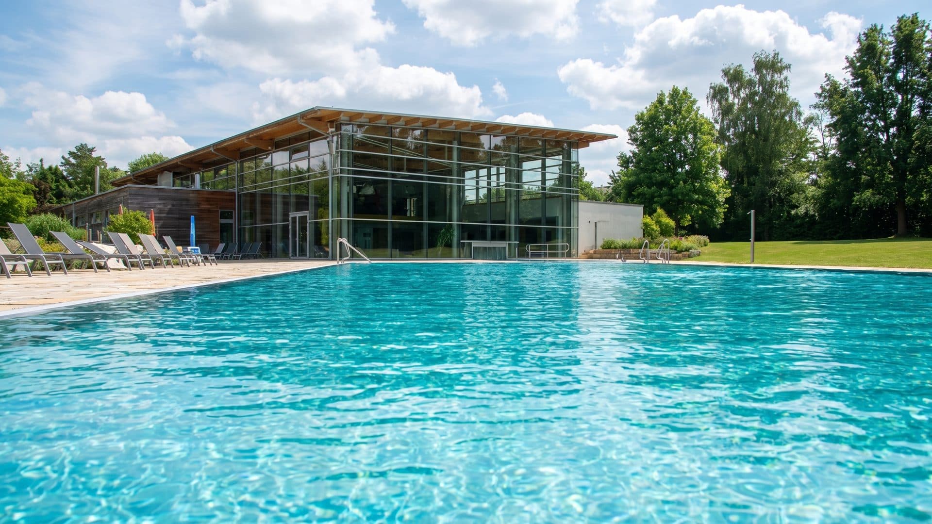 The outdoor pool of the Greifswald leisure baths seen across the water towards its glazed hall