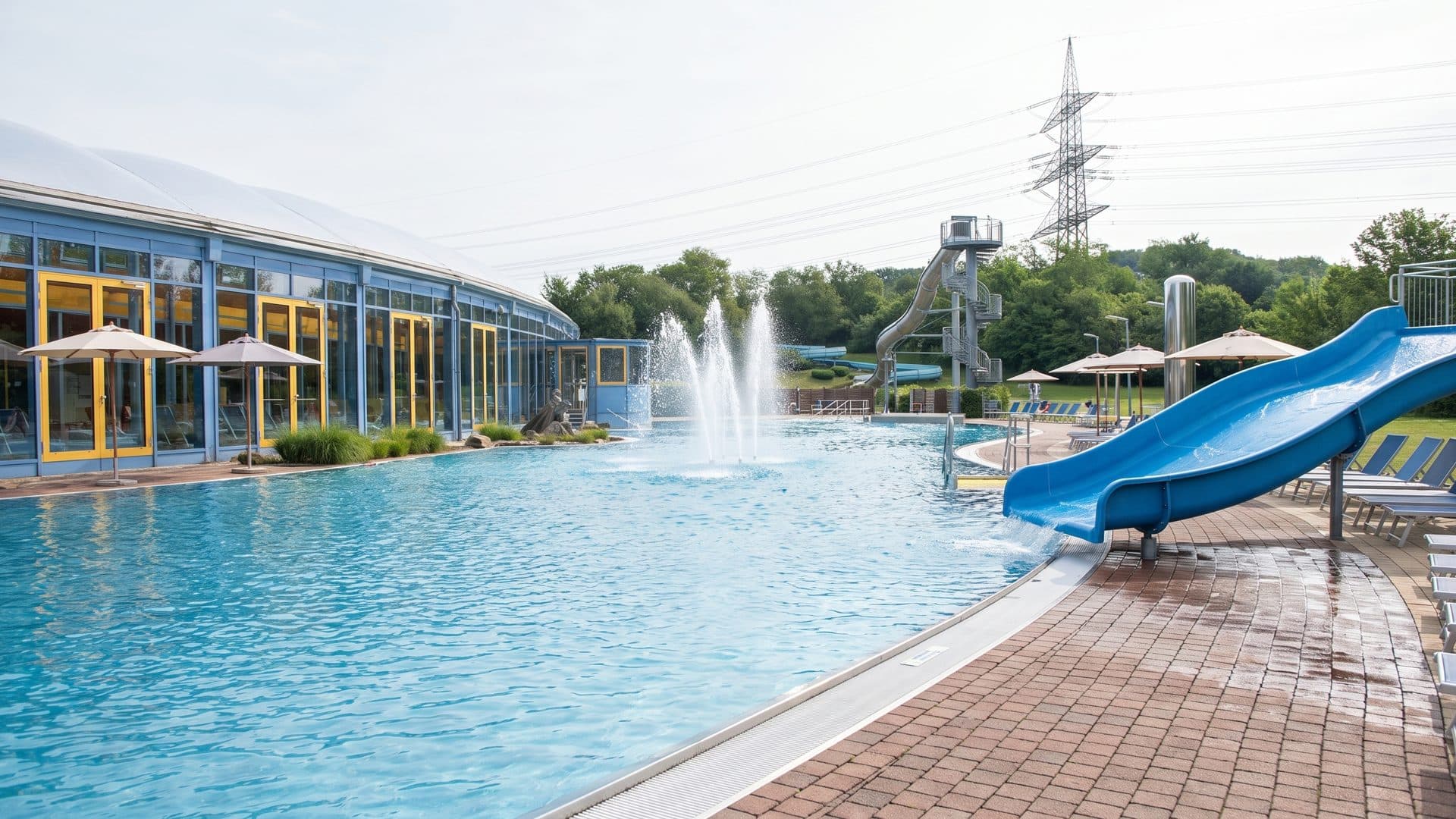 The outdoor pool at Freizeitbad Heveney with fountain jets, the glazed hall and the blue flume behind it