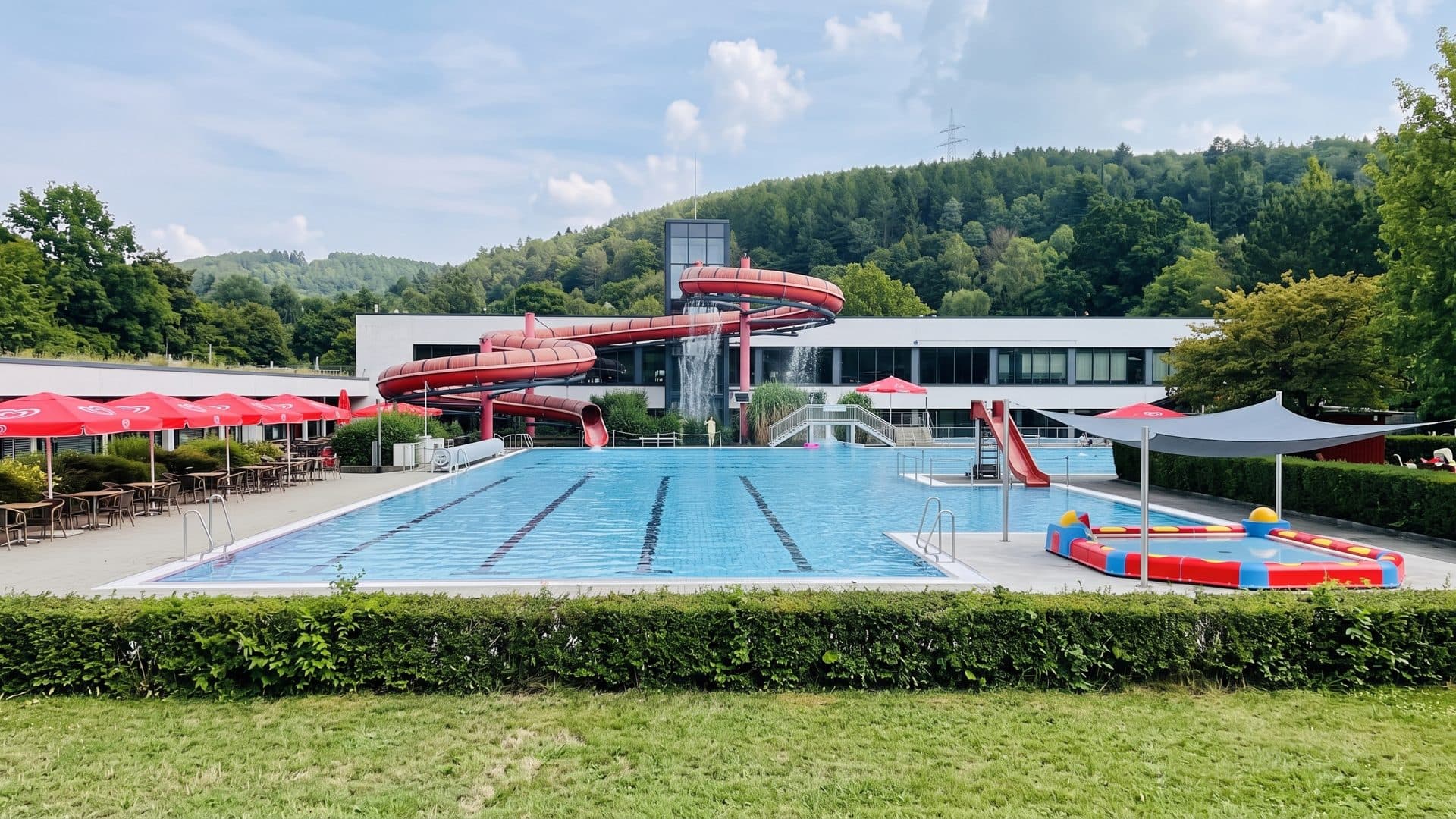 Open-air pool with lane markings, the red slides of the bath and wooded hills behind.