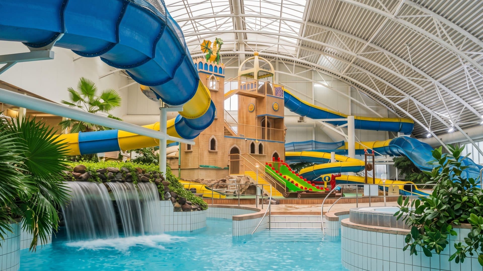 The indoor water world of the Freizeitbad Schwapp in Furstenwalde: a castle play tower, blue and yellow slides and a waterfall into the pool