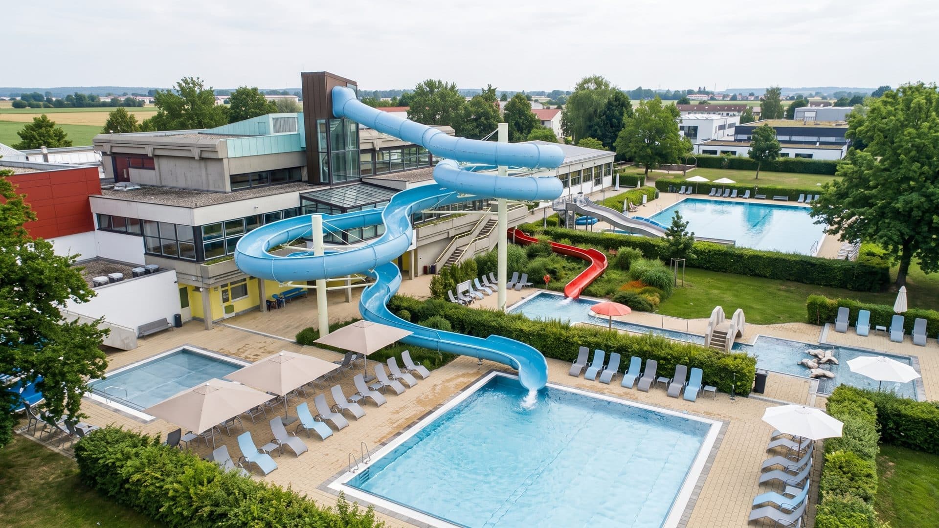 Outdoor pools of the leisure centre with the blue slide and the low building behind.