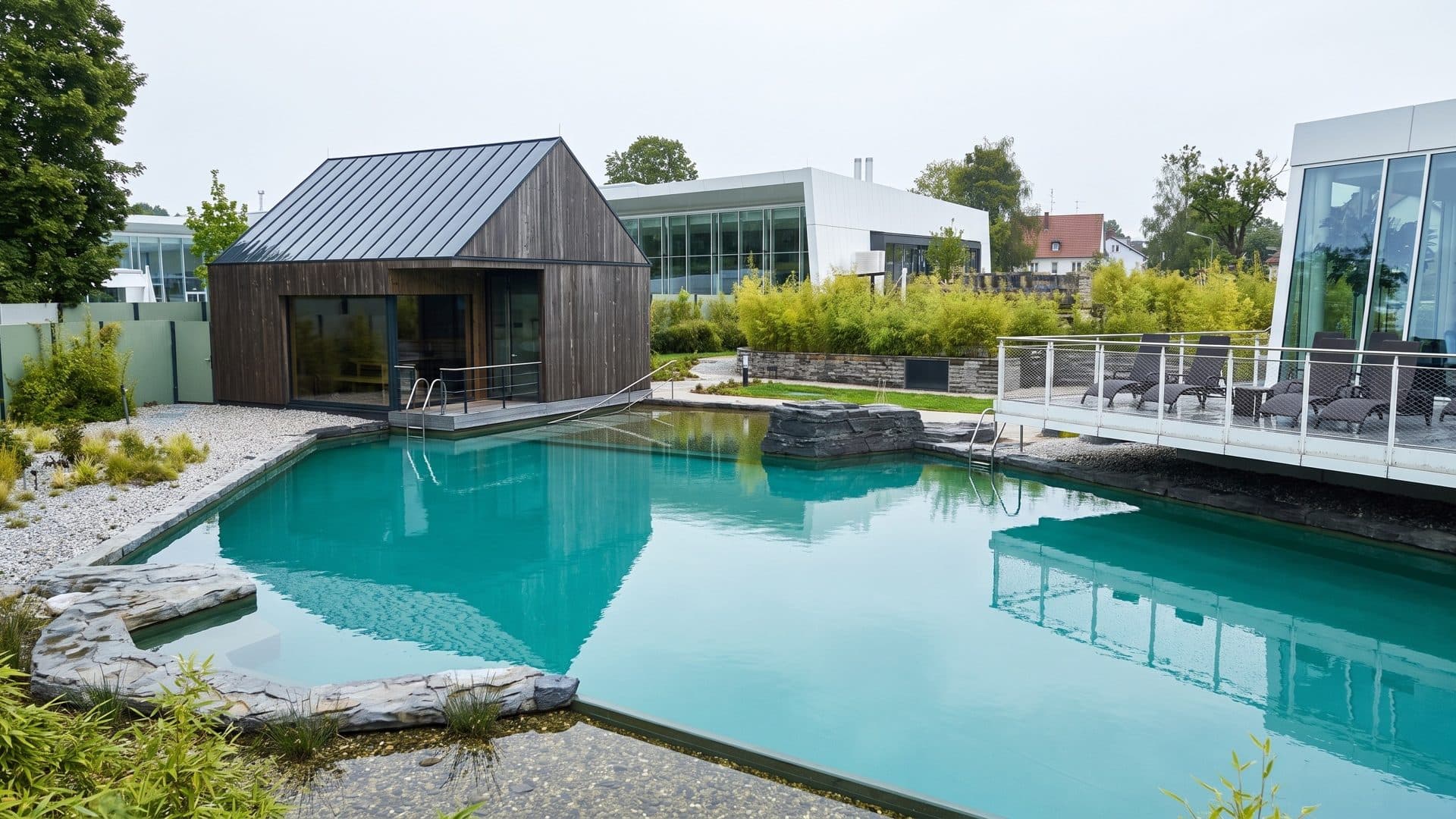 Natural swimming pond edged with stones, with a dark timber sauna cabin and glass pavilions behind