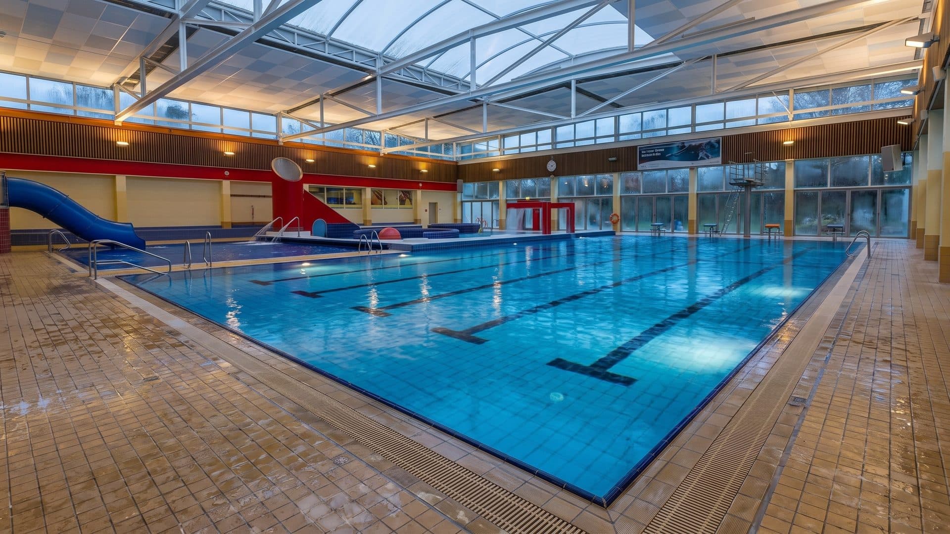 Indoor lap pool under a glazed roof, with a red and blue slide and a red play frame at the far end