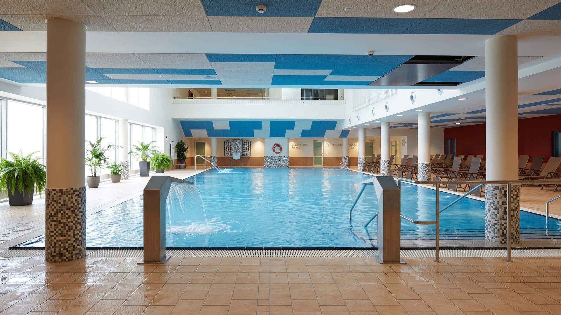 Indoor pool hall with its blue patterned ceiling, handrails at the water's edge and loungers along the wall.