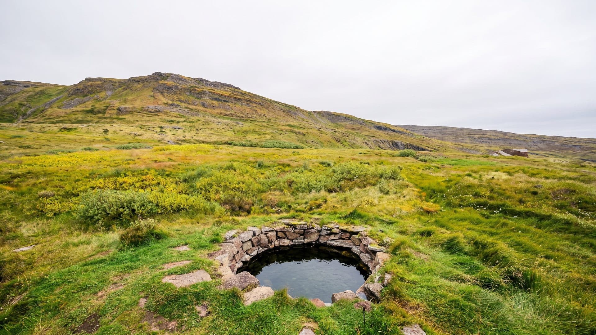 The stone-walled hot pool of Gvendarlaug seen from the hillside above with the turf around it