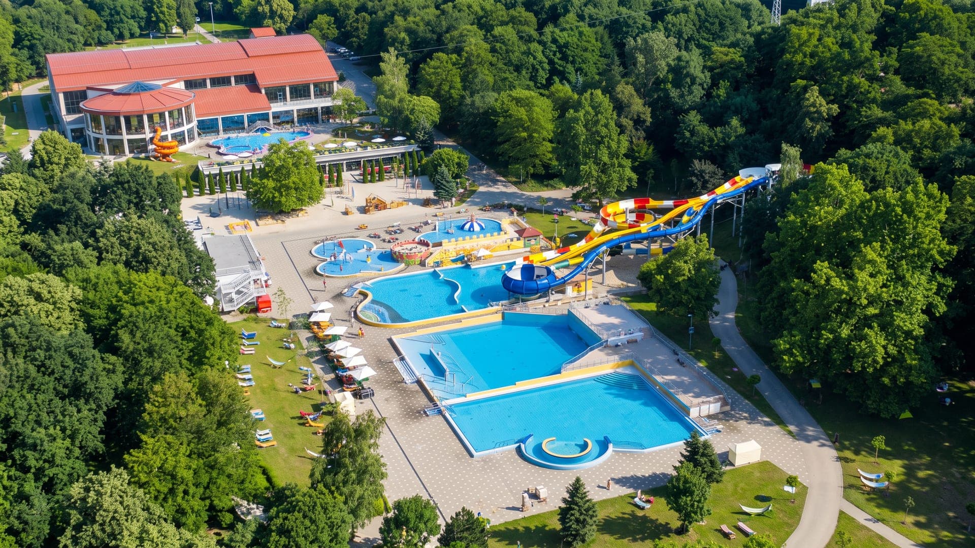 Aerial view of the outdoor pools and coloured slides among woodland