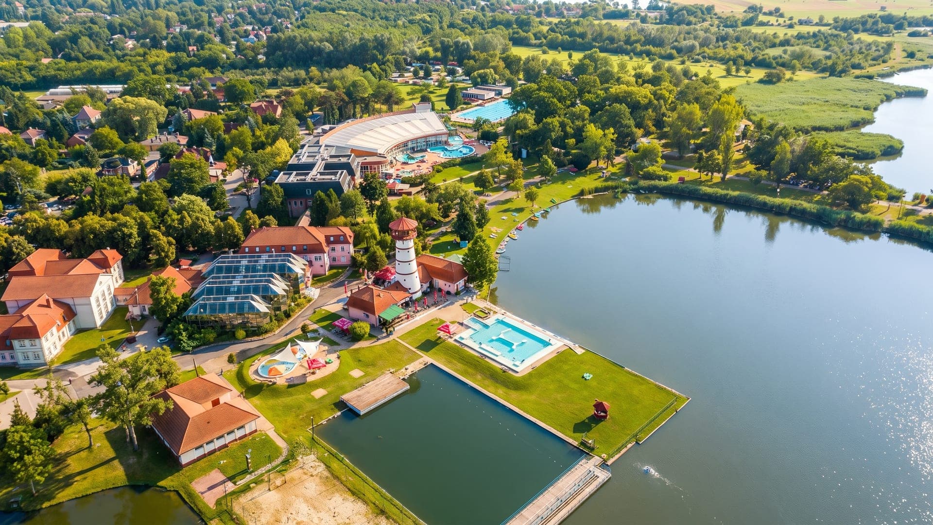 Gyoparosfurdo in Oroshaza seen from the air, its pools and buildings along the shore of Lake Gyoparos.