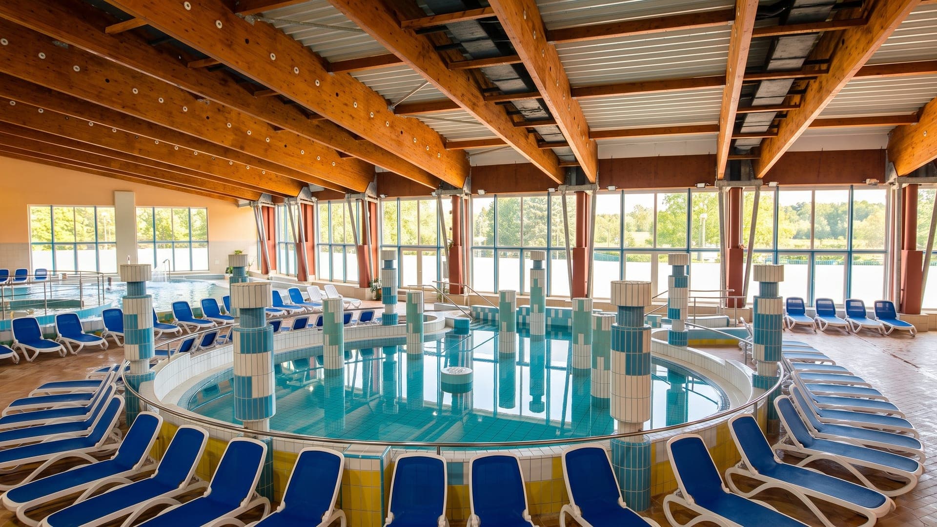 The indoor pool at Gyoparosfurdo in Oroshaza, under a timber roof with a glass wall onto the lake.