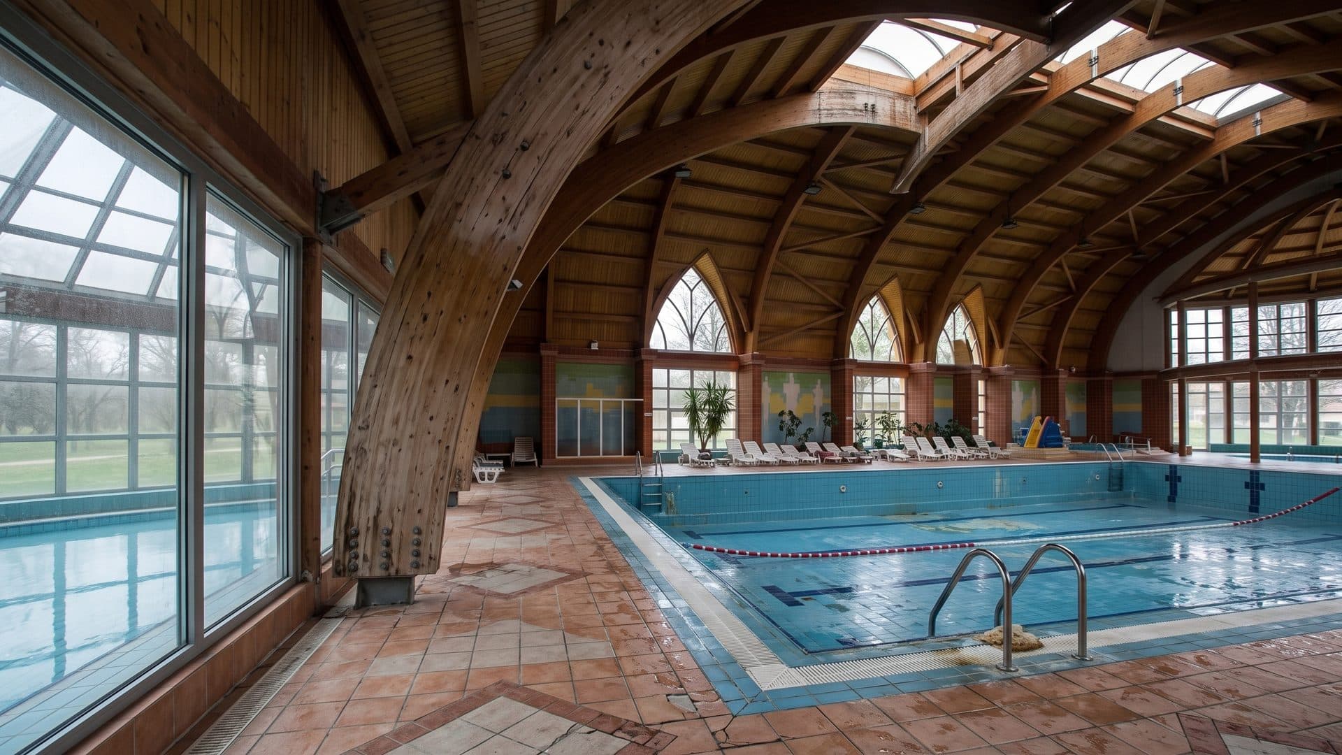 Indoor swimming pool under the timber vault of the hall, with arched windows along the sides.
