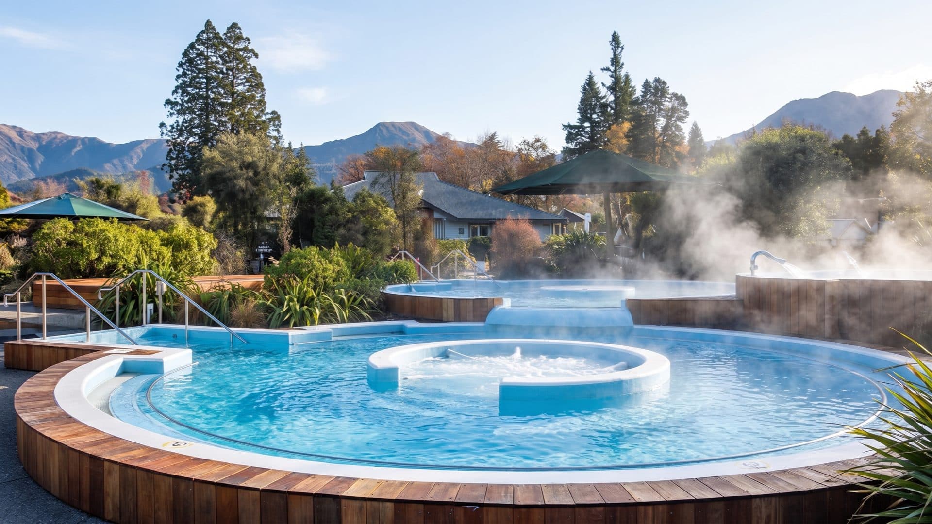 Steaming circular thermal pools with timber decking and native plantings, autumn trees and mountains beyond.