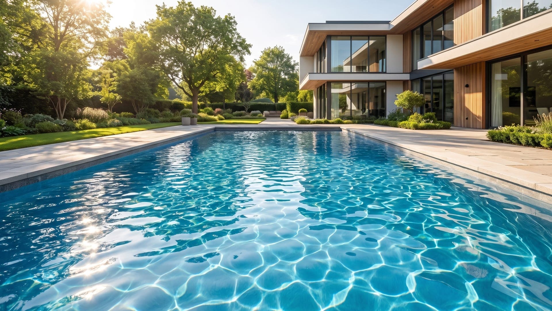 Rectangular outdoor pool beside a modern building of timber and glass