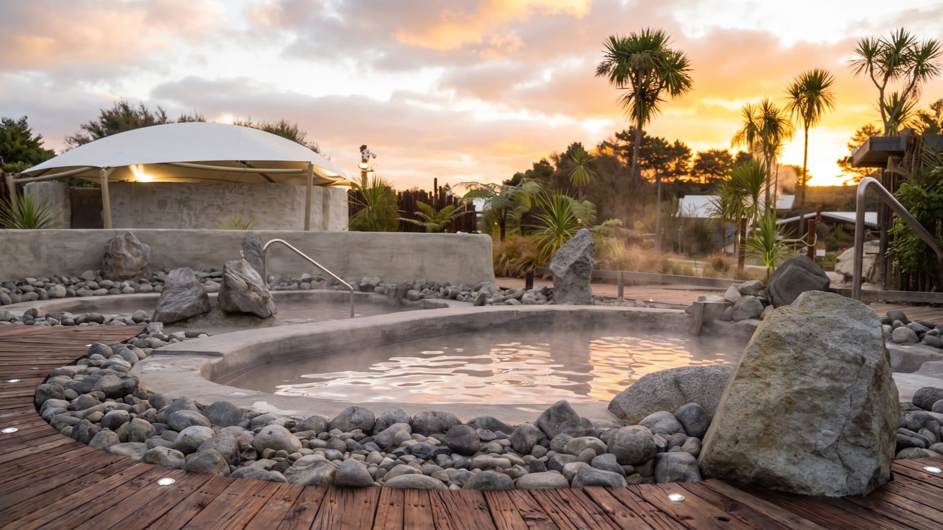 A steaming circular mineral pool ringed with grey river stones on a timber deck at sunset, cabbage-tree palms against an orange sky.