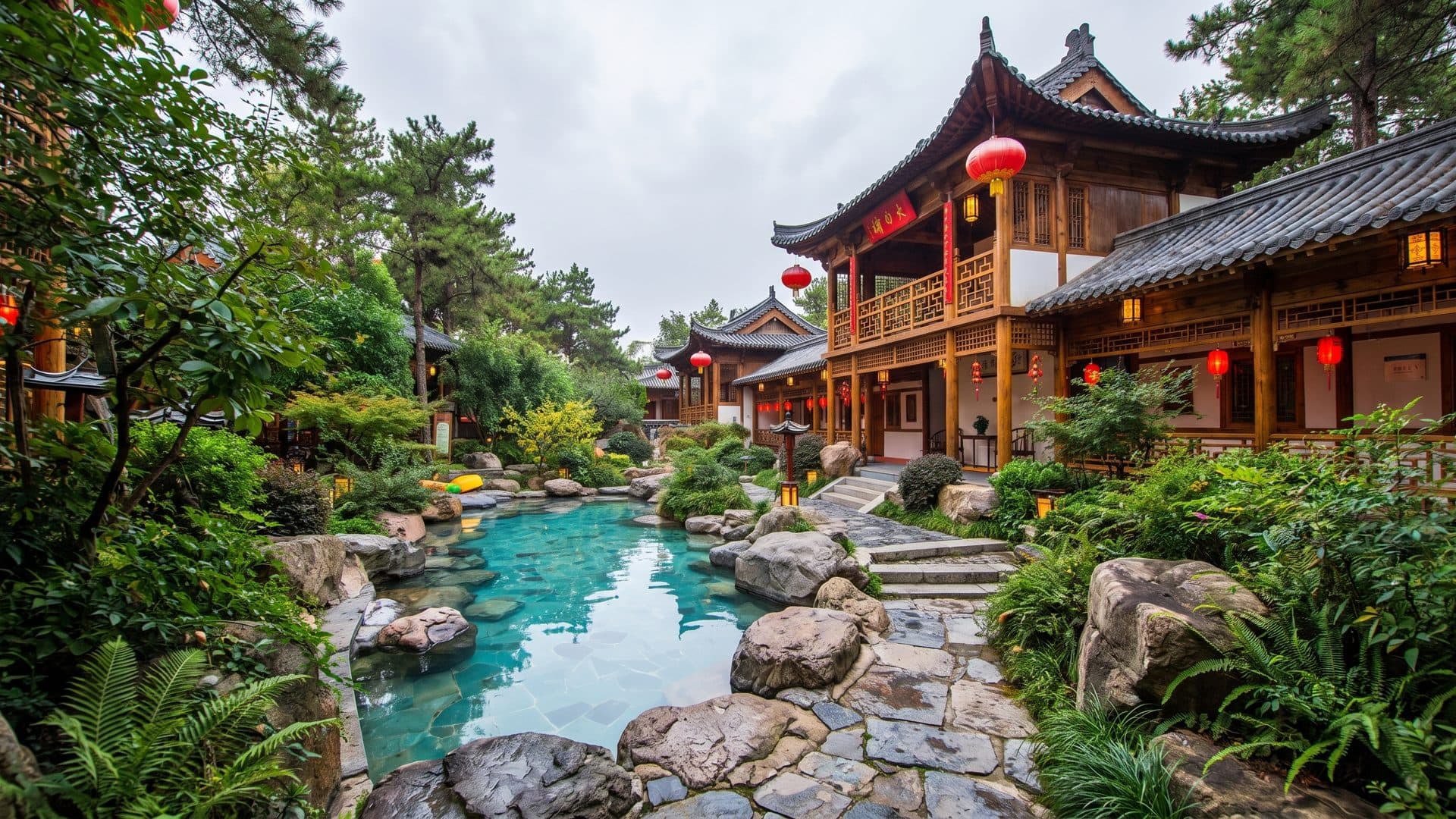 The pool at the Huaqing Palace hot springs in Xi'an, its rock-edged water running past timber pavilions with red lanterns under their upturned eaves