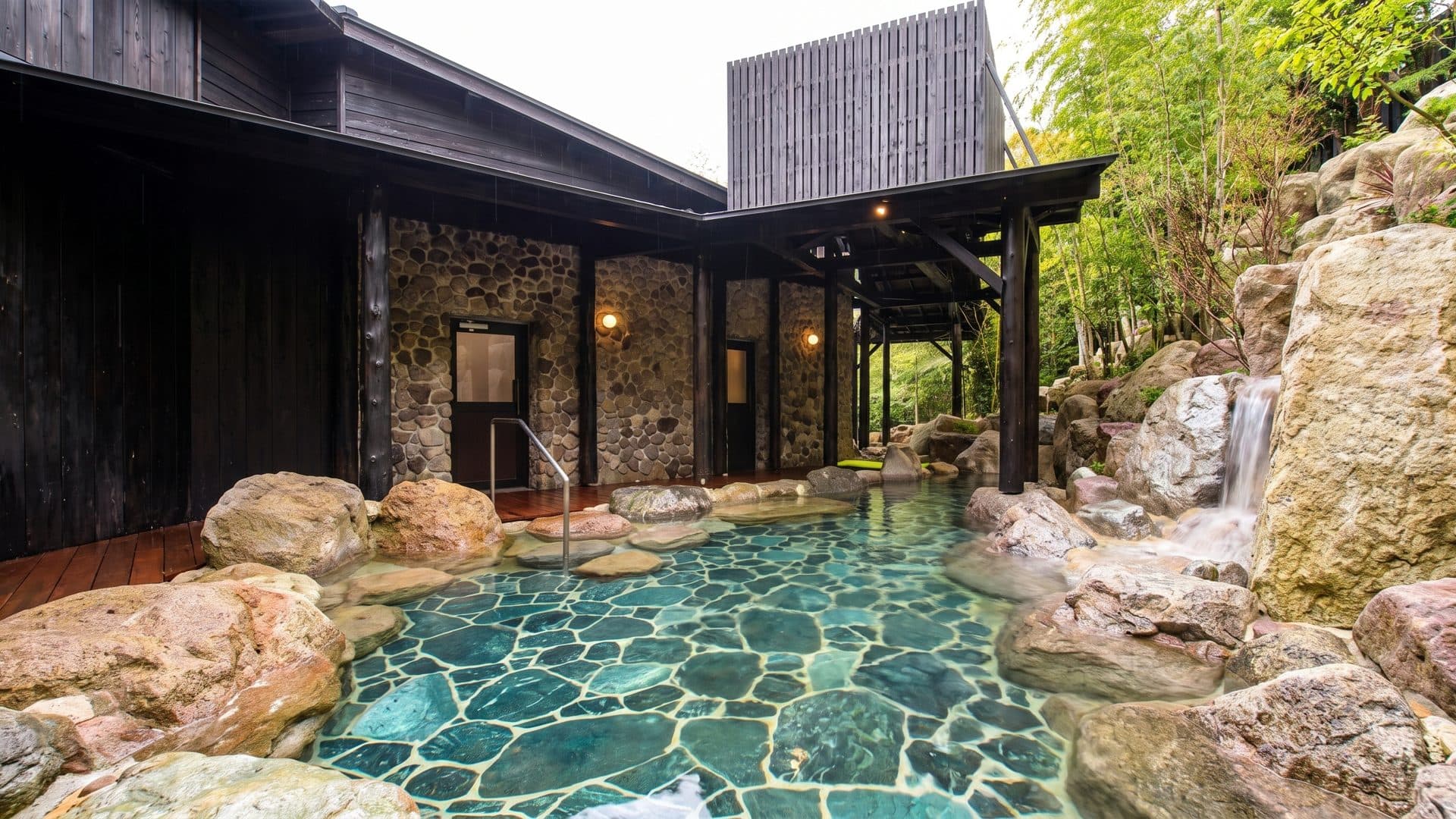 The stone-paved outdoor bath at Hyotan Onsen in Beppu, with its timber pergola and the dark wooden bath house
