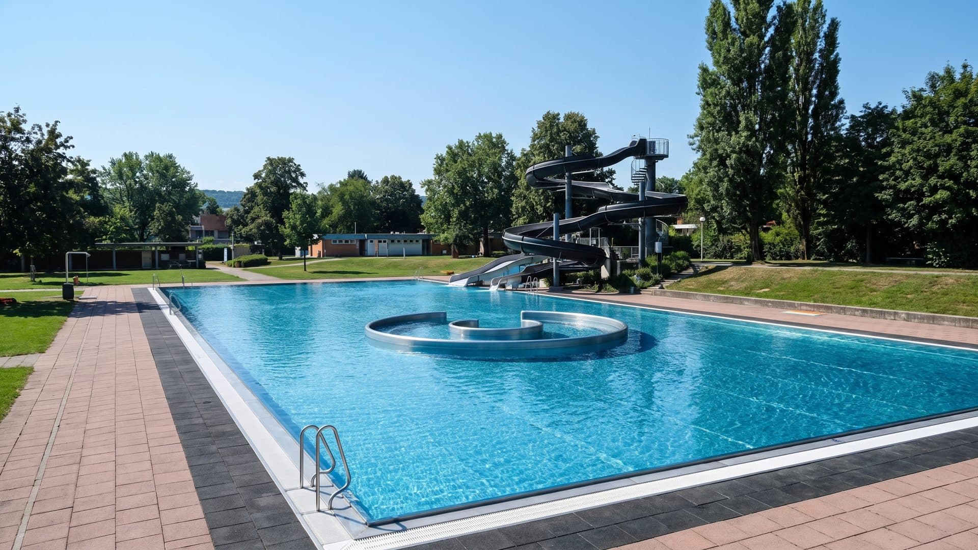The outdoor pool of the Inselbad with its whirlpool basin and black slide among the park trees