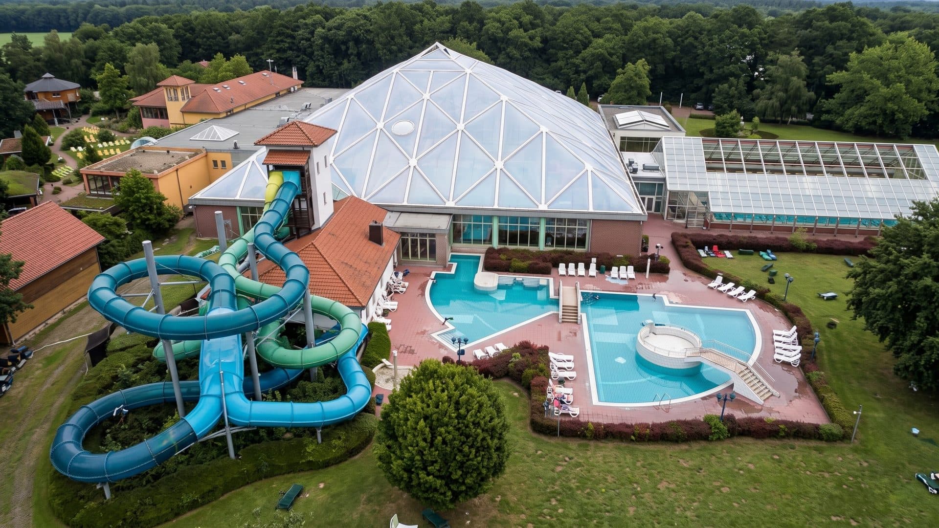 Aerial view of the Inselbad Bahia in Bocholt: a glass pyramid hall, outdoor pools and a blue slide