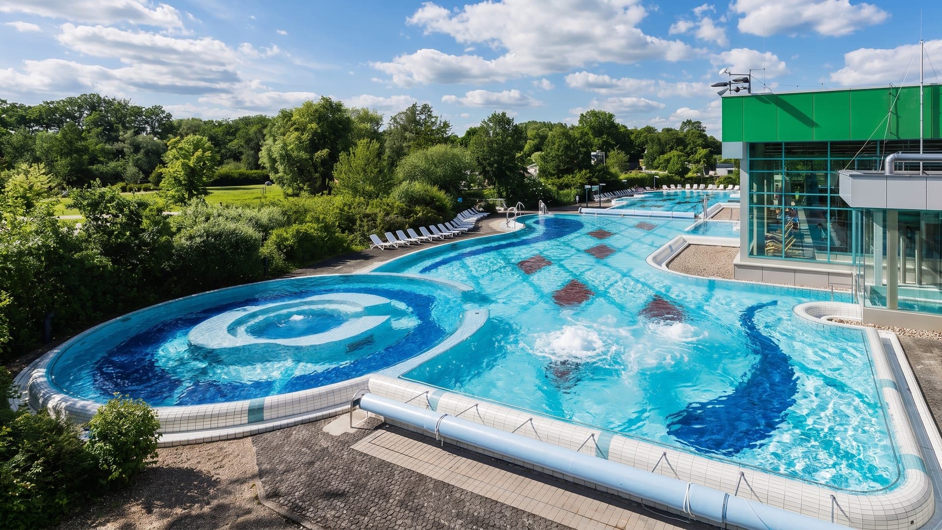 The outdoor pool at the Jod-Sole-Therme in Bad Bevensen, a spiral pattern set into its floor, beside the green-roofed glass building.