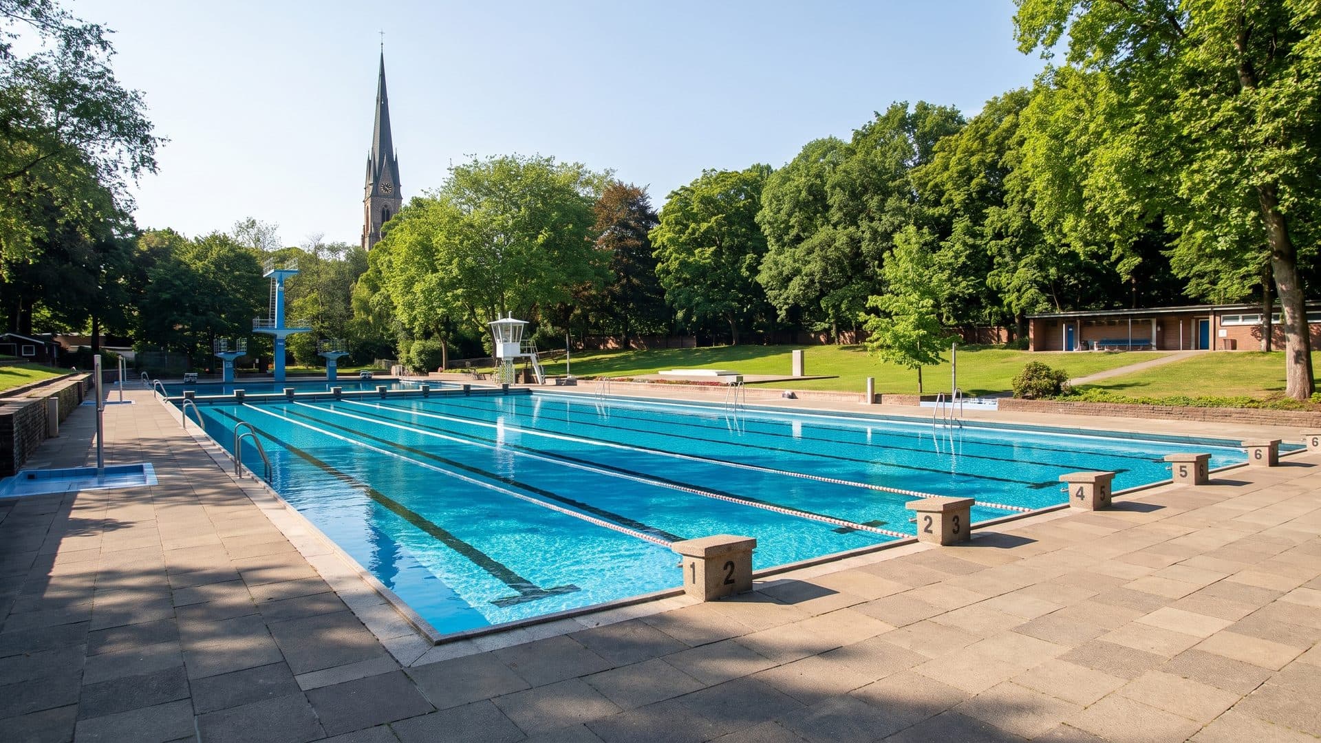 The long outdoor pool of the Kaifu summer baths in its park with a church spire above the trees