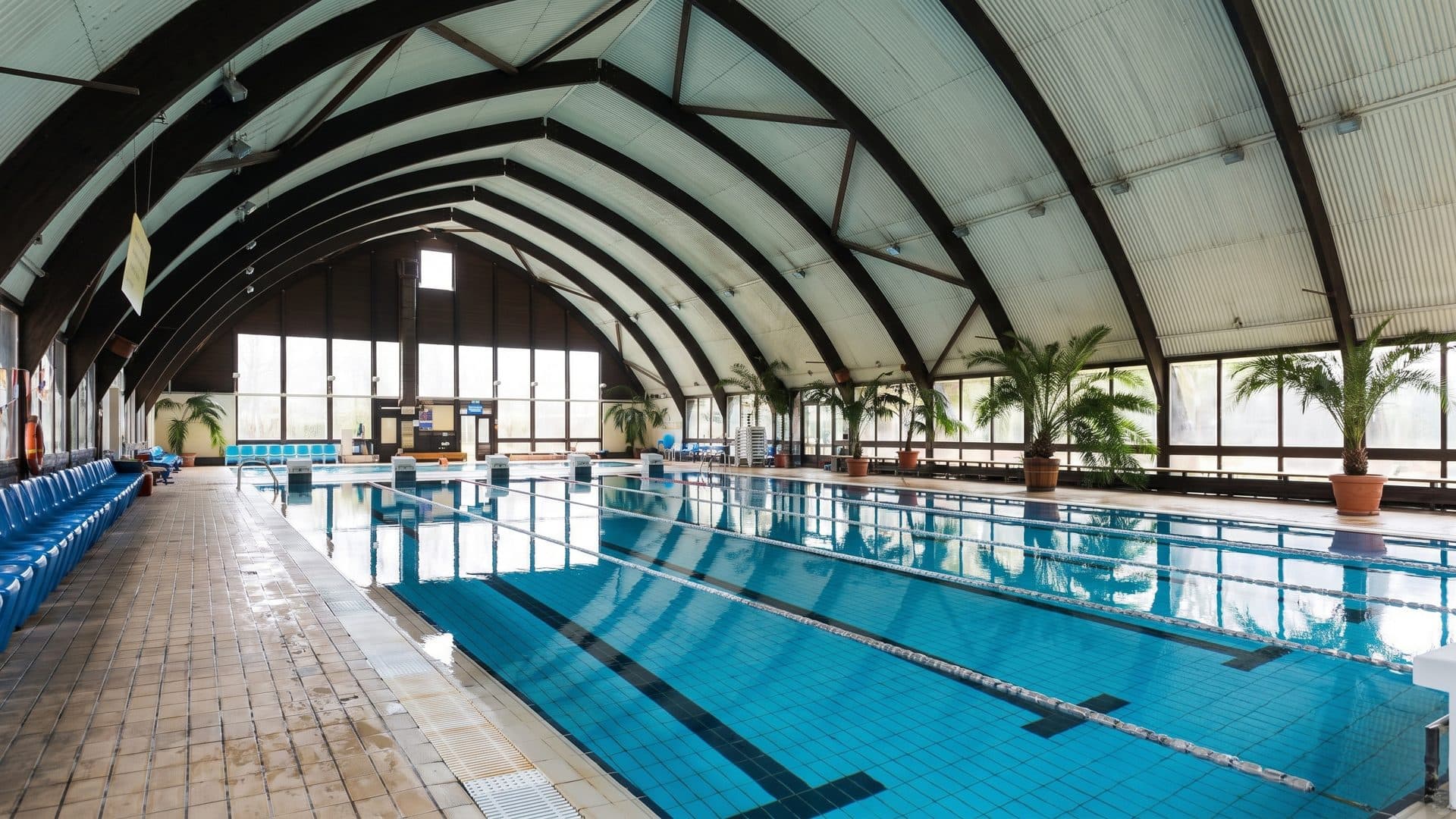 The swimming hall of the Kalocsa baths under its arched timber trusses